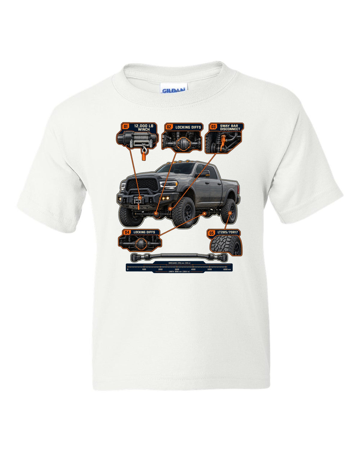 Ram 2500 Power Wagon callouts for winch, locking diffs and sway bar disconnect print white kids tee front view with the design