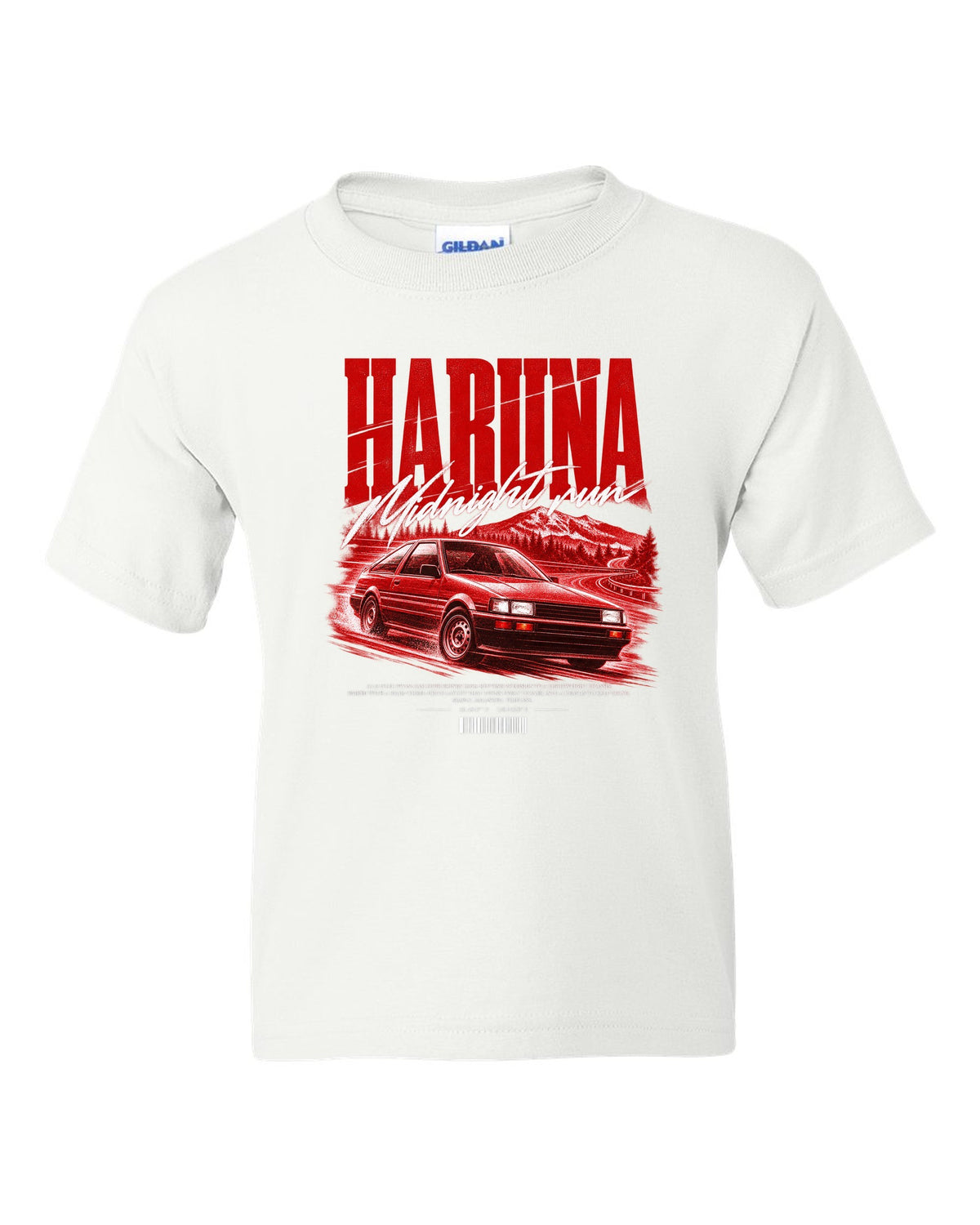 Street poster print of a Toyota Corolla Levin AE86 with the text Haruna Midnight Run white kids tee front view with the design