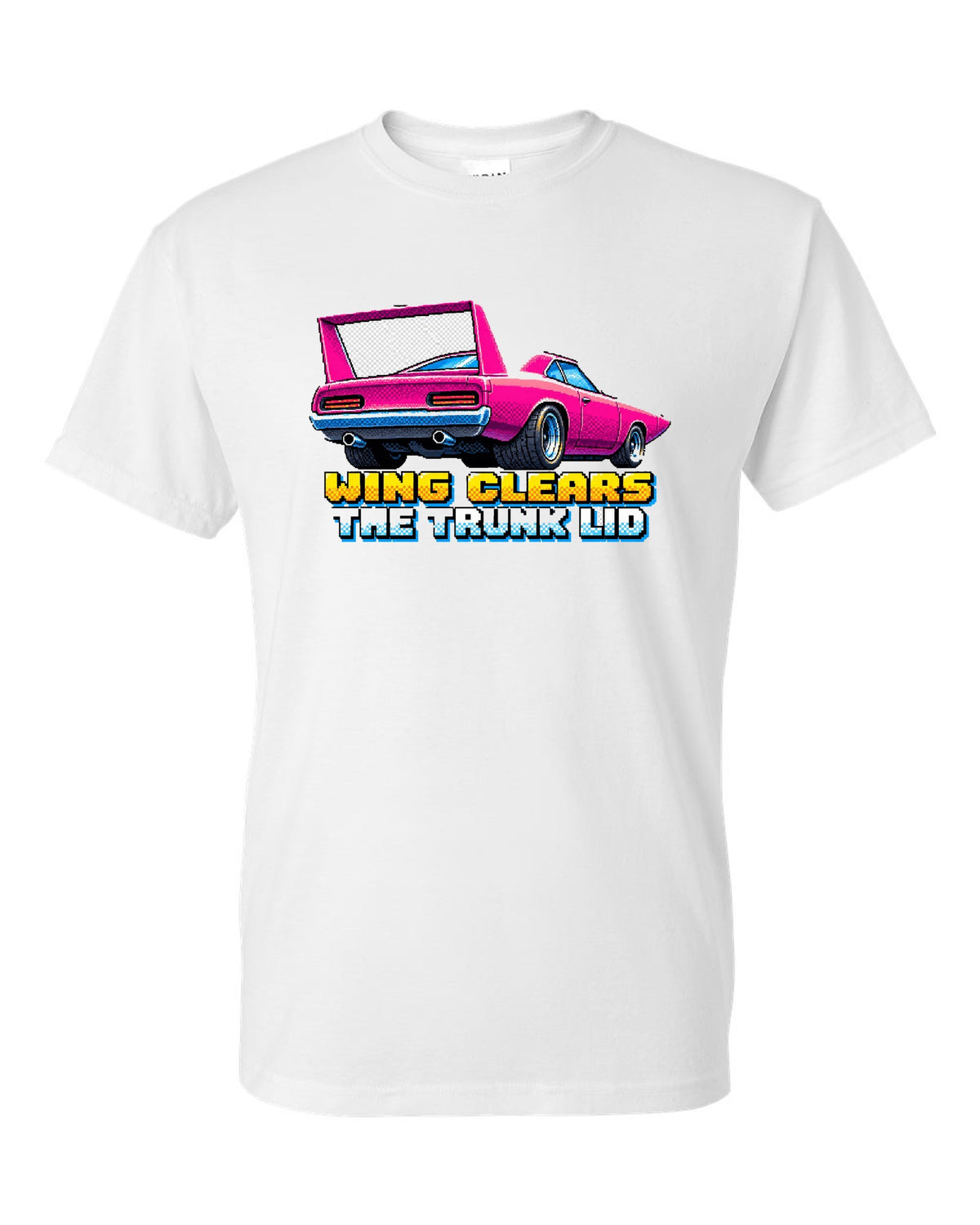 1970 Plymouth Superbird 16-bit pixel art print with Wing Clears The Trunk Lid text white t-shirt front view with the design