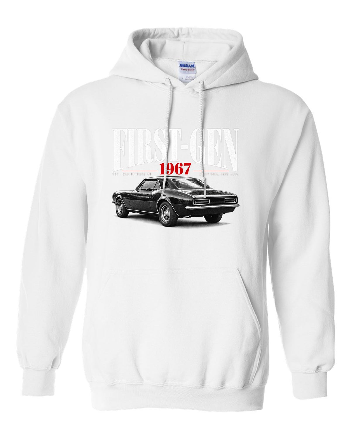 Editorial-style print of a 1967 Chevrolet Camaro RS with first-gen and 327 V8 caption white pull over hoodie front view with the design