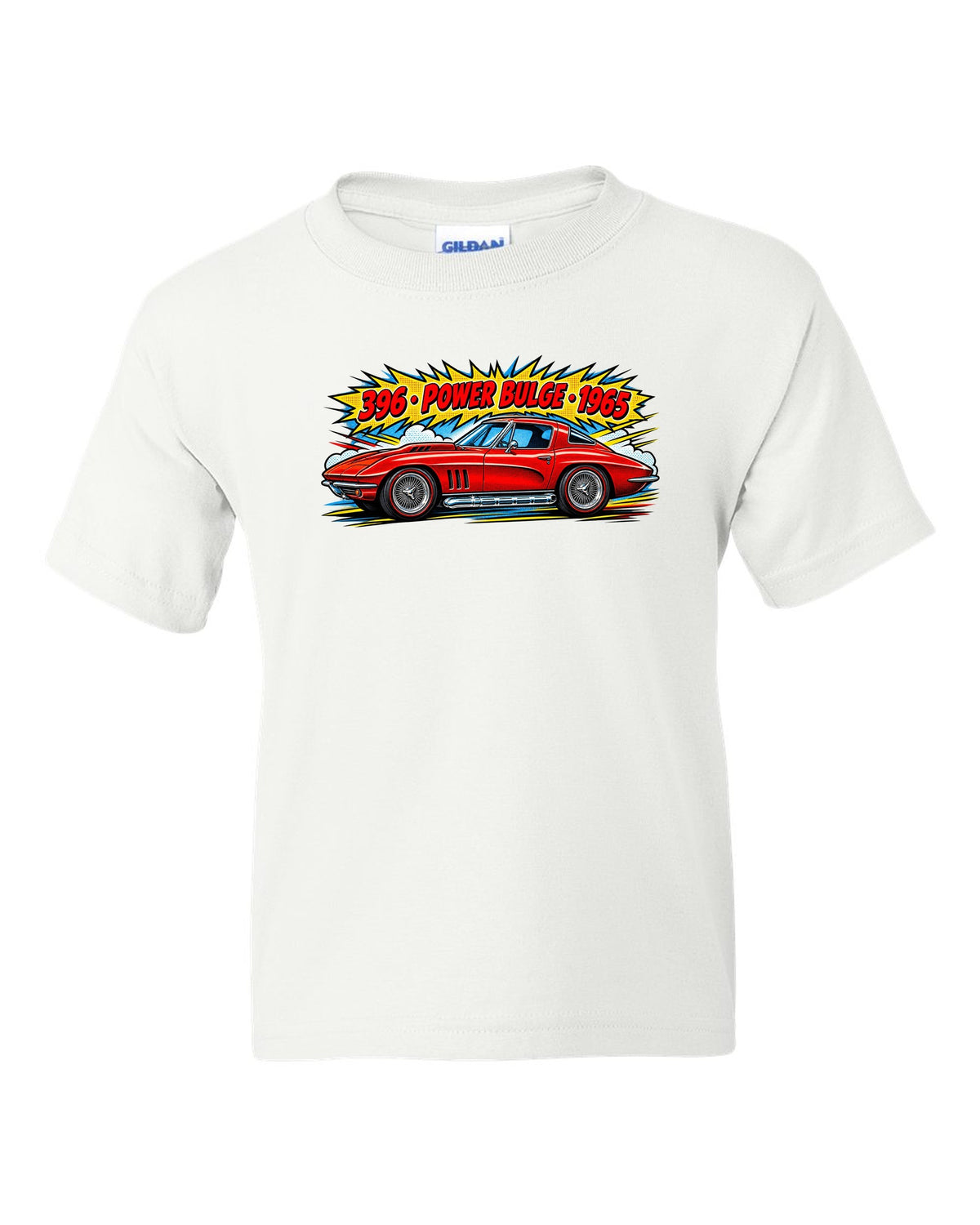 1965 Corvette C2 Sting Ray Side Pipe Comic white kids tee front view with the design