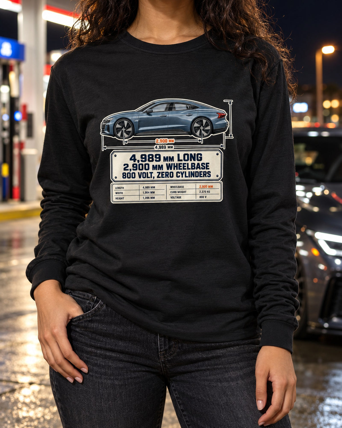 Audi RS e-tron GT J1 Dimension Blueprint Shirt, EV Car Guy Tee Long Sleeve Black worn hero