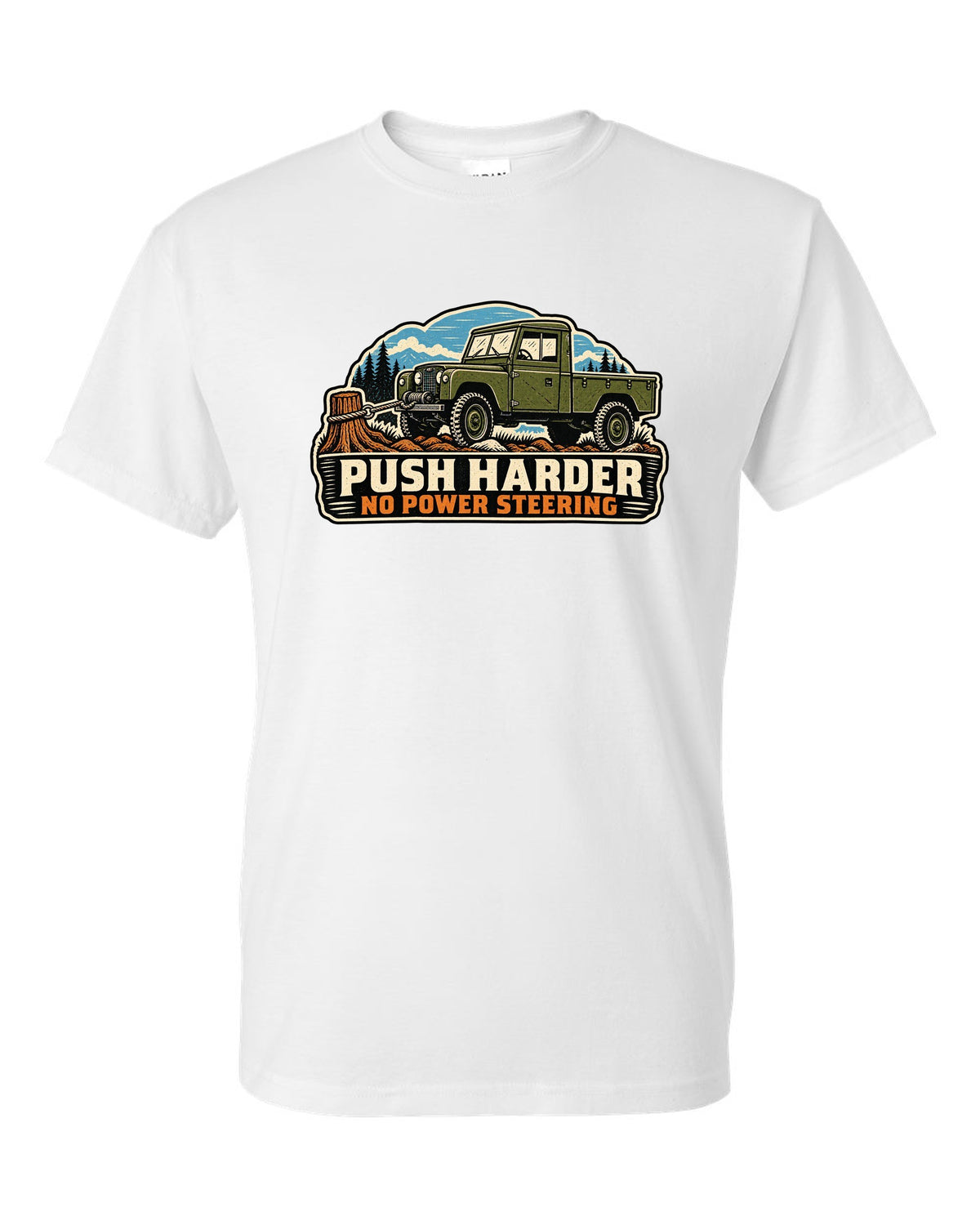 Linocut print of a Dodge Power Wagon WM300 flat fender winching with no power steering text white t-shirt front view with the design