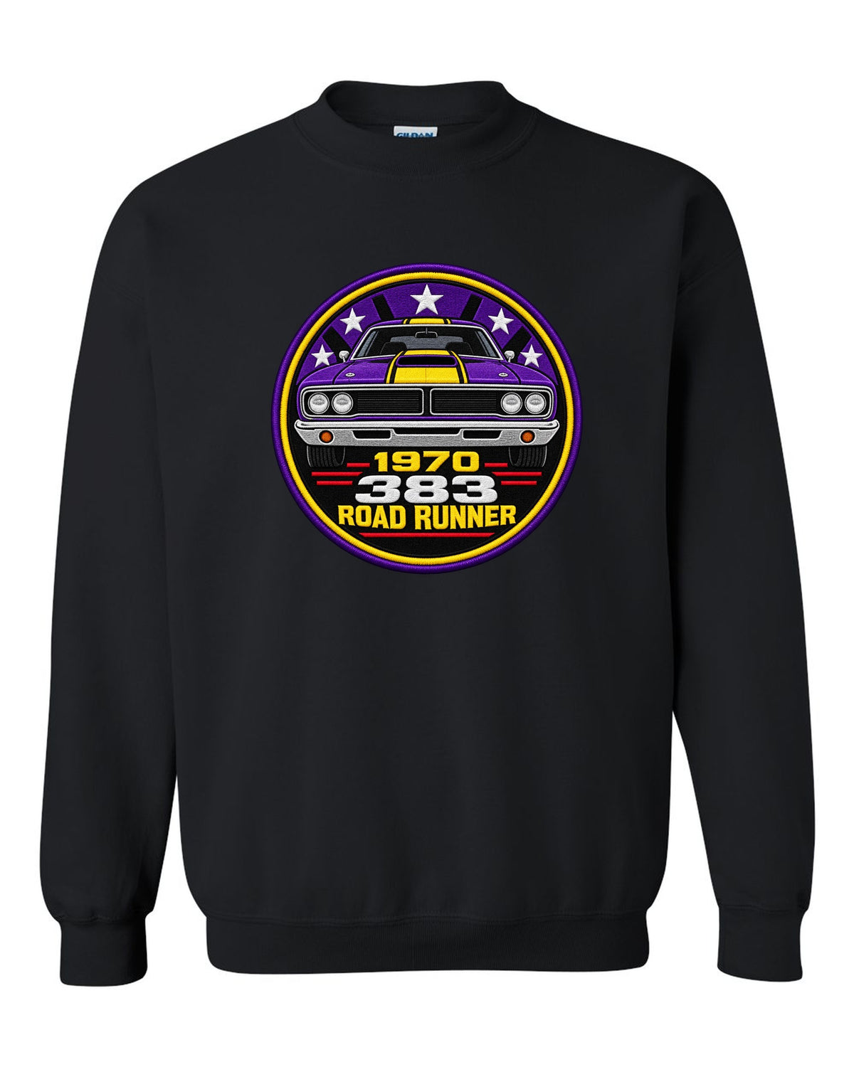 Original round crest print for a 1970 Plymouth Road Runner with 383 lettering black crewneck front view with the design
