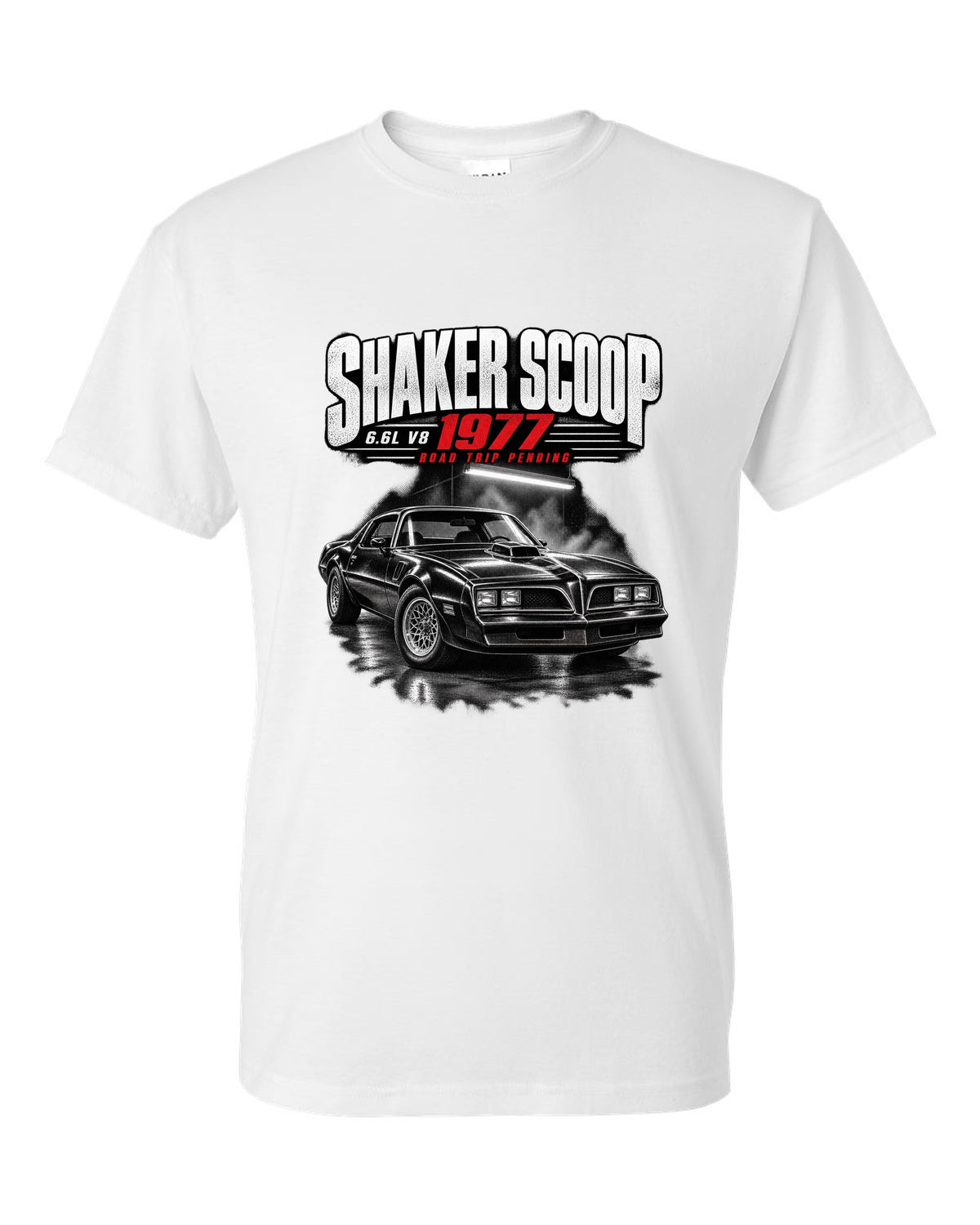 Garage night print of a 1977 Pontiac Firebird Trans Am with shaker scoop white t-shirt front view with the design