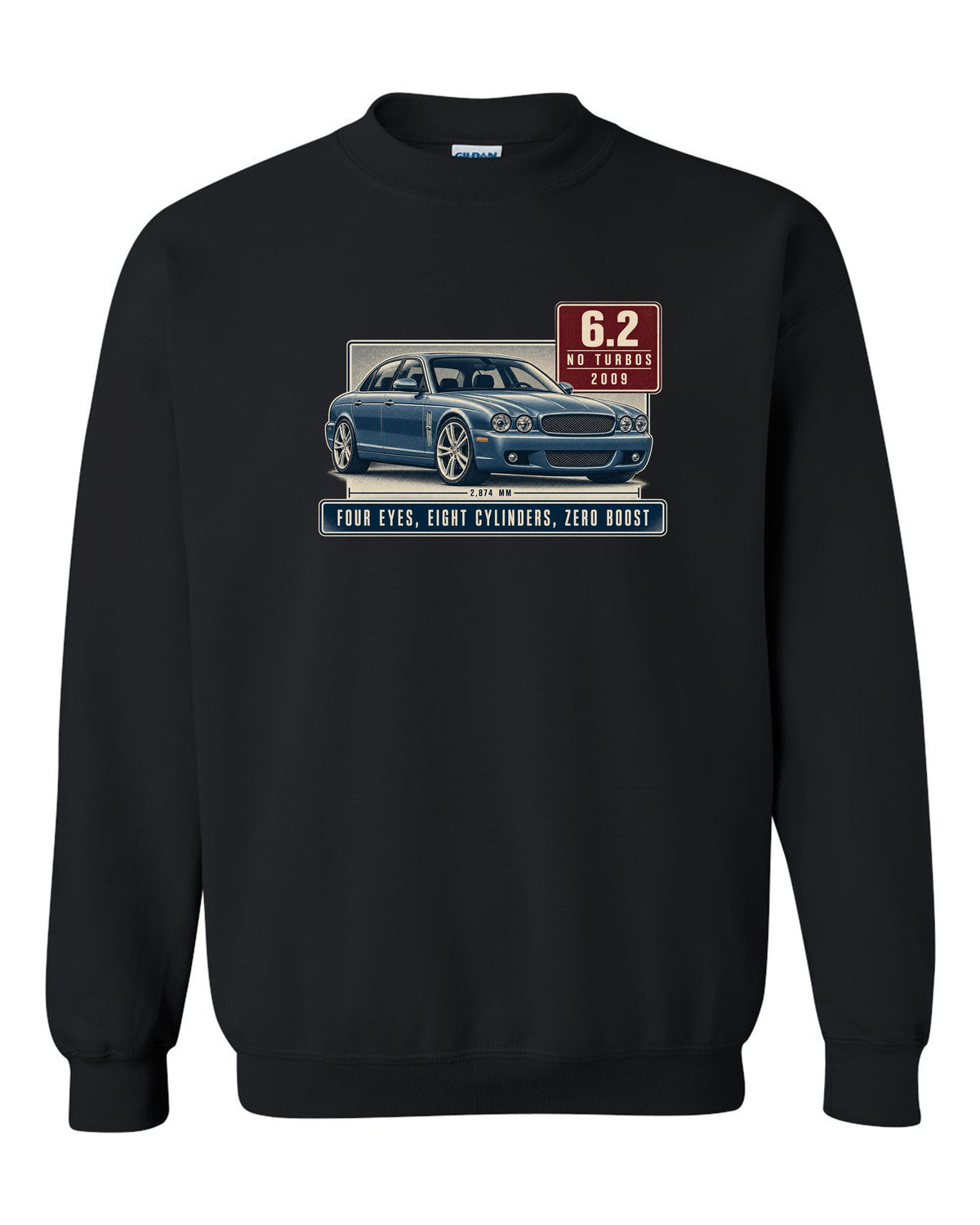 Editorial headline print of a silver-blue Mercedes-AMG E63 W212 pre-facelift black crewneck front view with the design