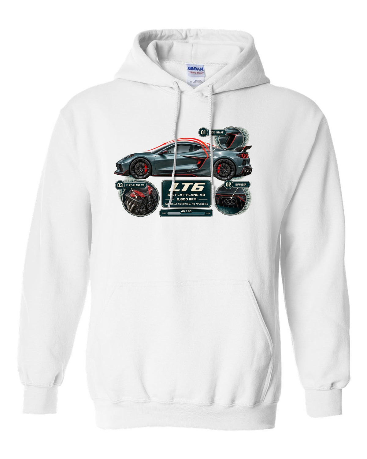 print aero cutaway callouts of a Chevrolet Corvette C8 Z06 in teal-grey white pull over hoodie front view with the design