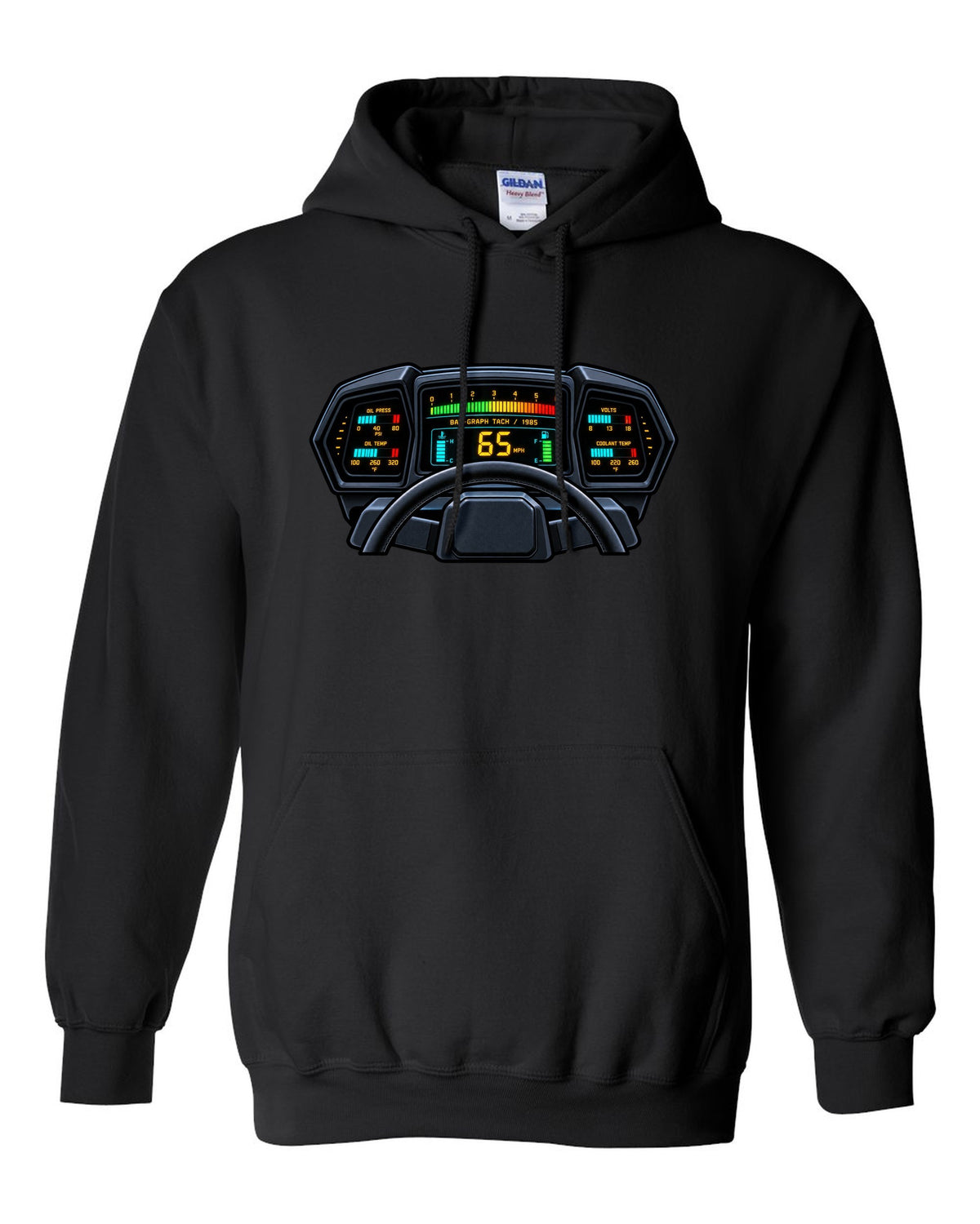 Gauge cluster HUD style print of a 1985 Chevrolet Corvette C4 digital dash with bar-graph tach black pull over hoodie front view with the design