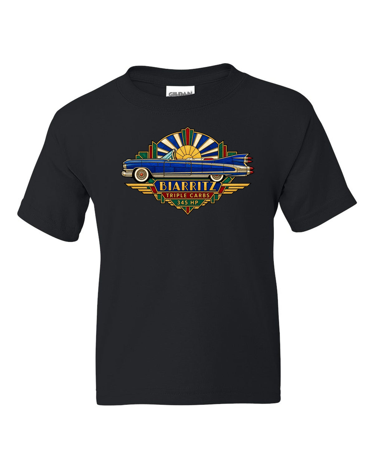 1959 Cadillac Eldorado Biarritz in Art Deco stained-glass geometric style black kids tee front view with the design