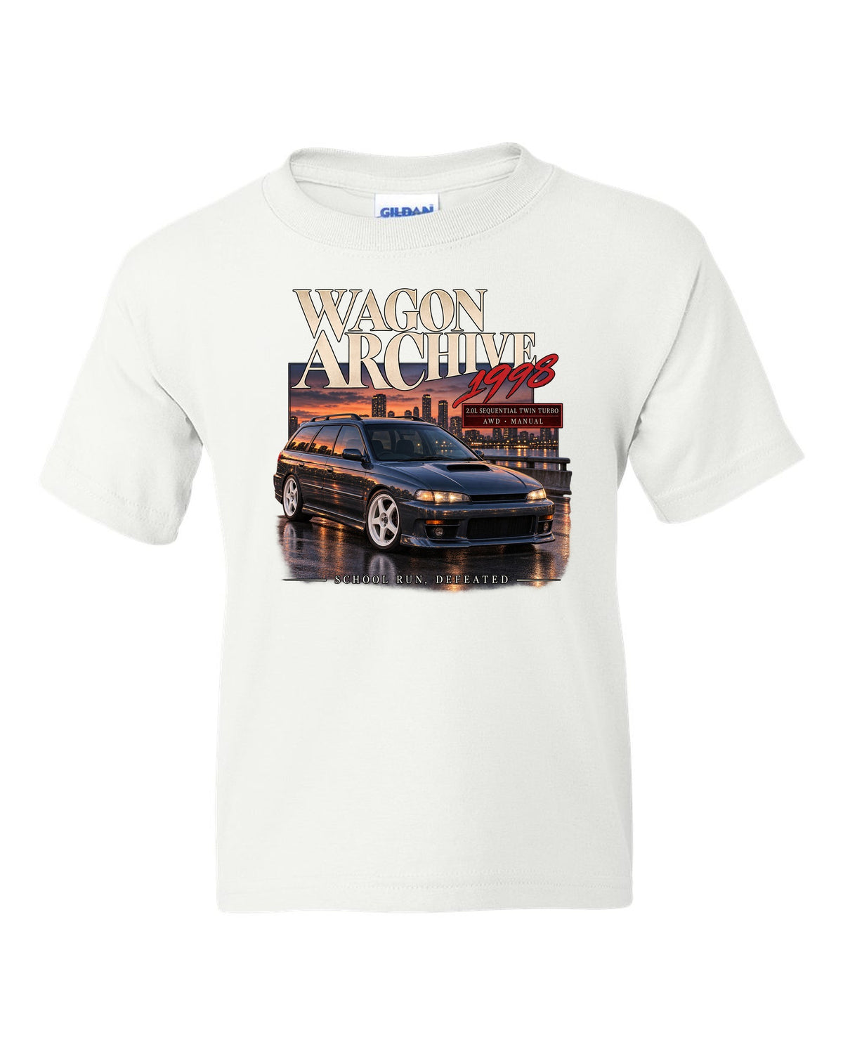 Wagon archive print for the Subaru Legacy GT-B BH5 reading 2.0L sequential twin turbo, school run, defeated white kids tee front view with the design