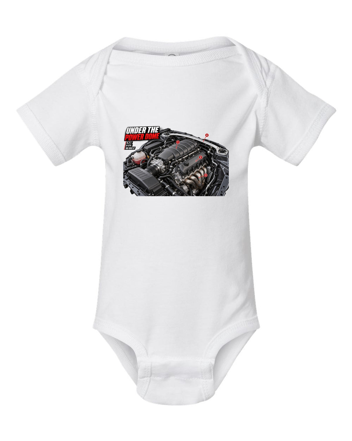 print of the Mercedes C63 AMG W204 M156 engine bay with the text Under The Power Dome white baby onesie front view with the design