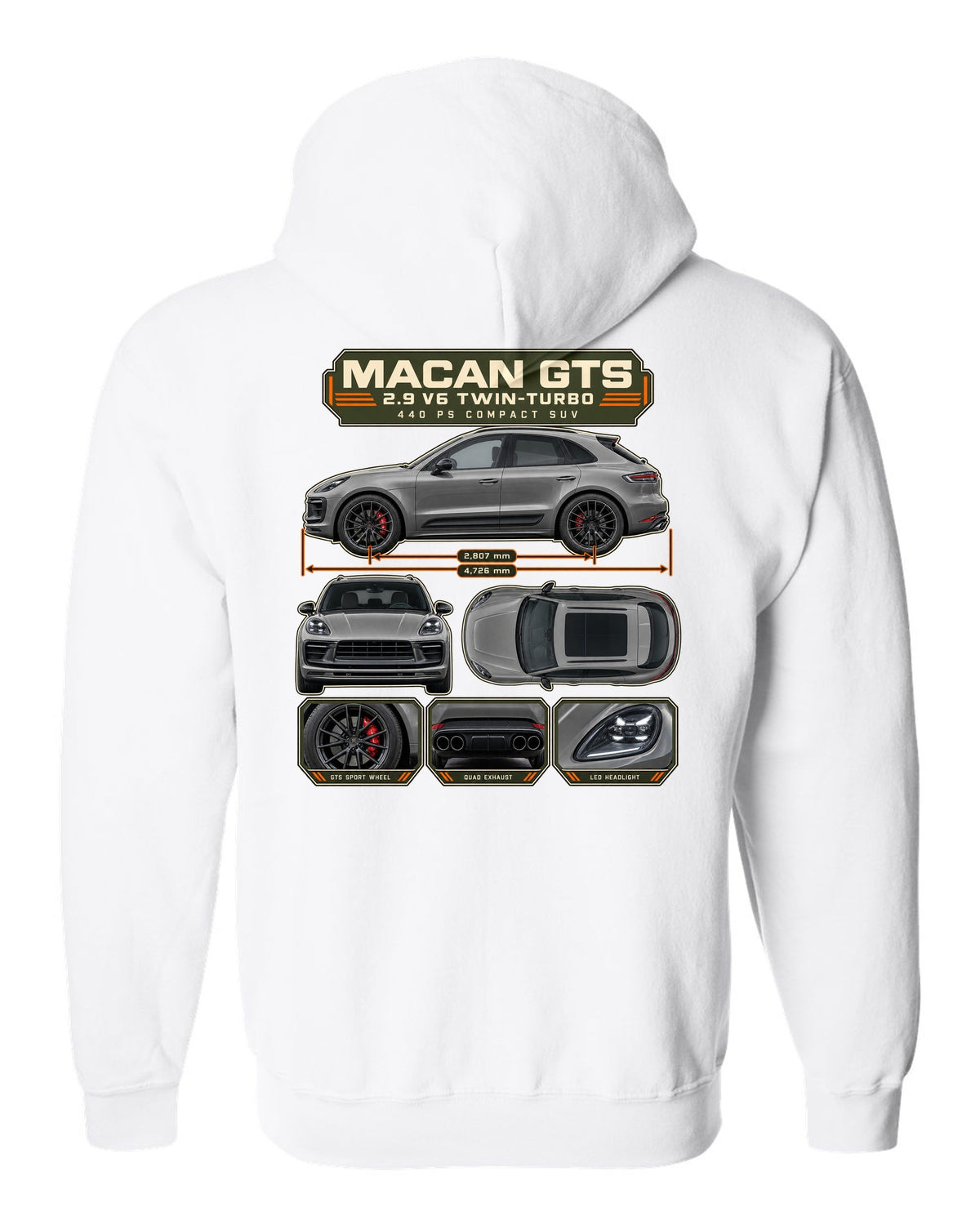 Porsche Macan GTS 95B Dossier Tee, 2.9 V6 Twin-Turbo white zip hoodie back view with the design