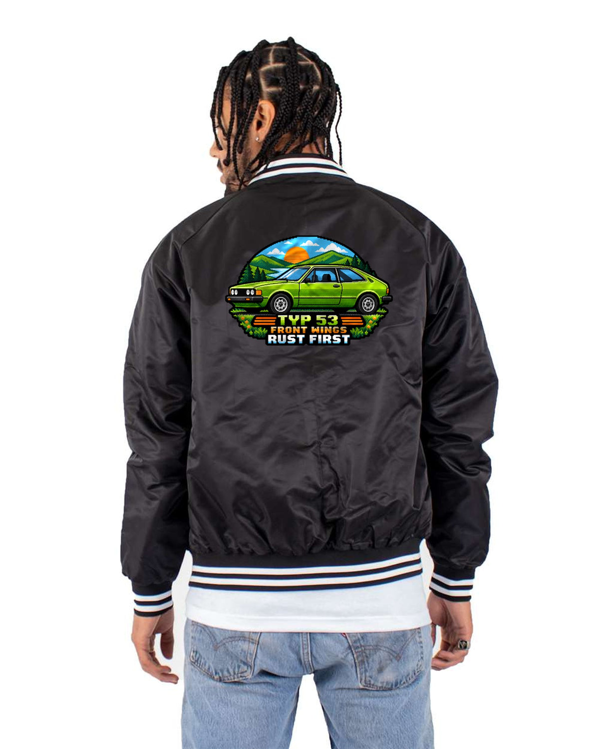 VW Scirocco Mk1 Typ 53 8-bit Pixel Art Shirt, Rust First Bomber Jacket Black back