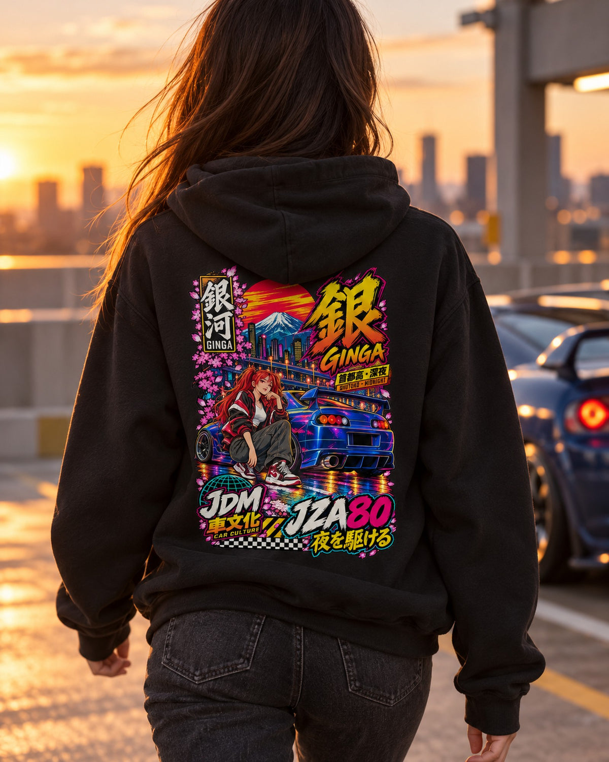 GINGA JZA80 Anime Girl Full-Back Graphic Tee Pull Over Hoodie Black worn hero