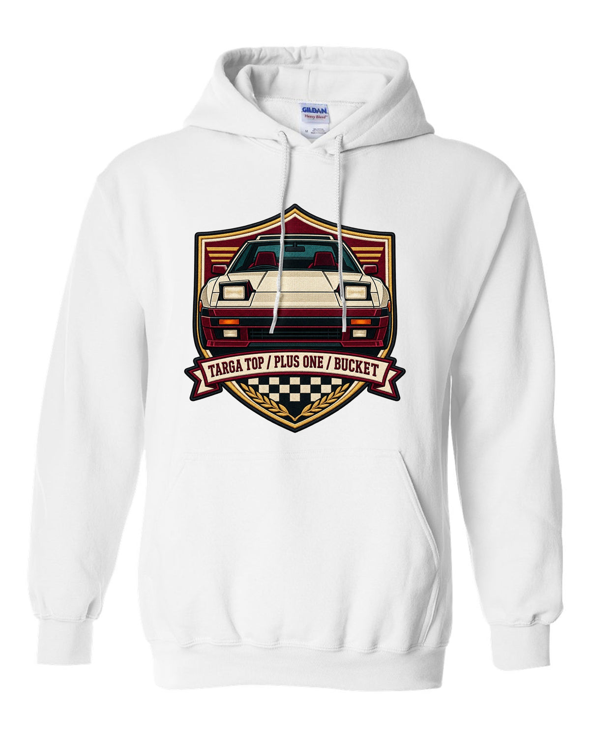 Shield crest design for the Toyota Supra A70 MA70 with pop-up headlights white pull over hoodie front view with the design