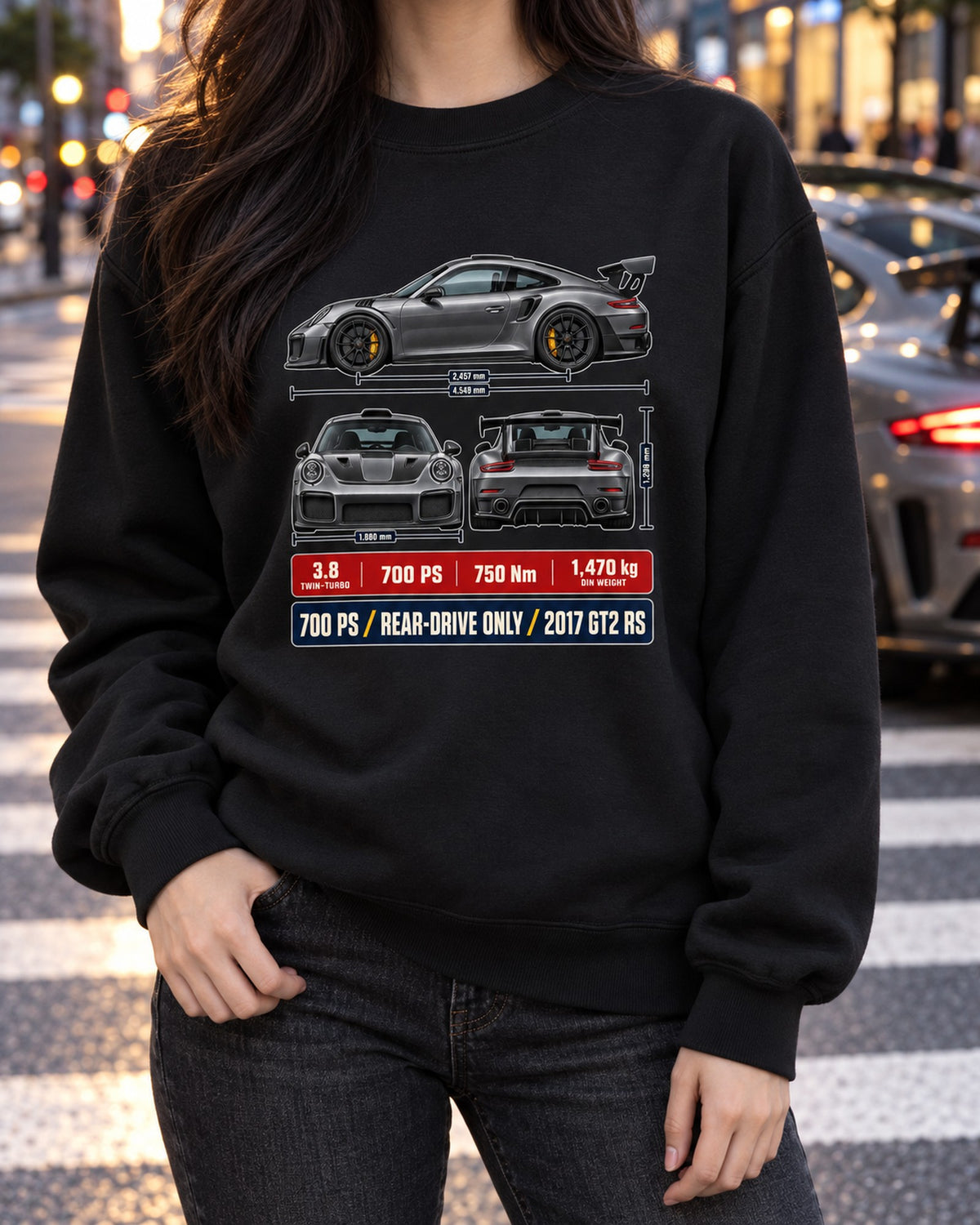 Porsche 911 GT2 RS 991.2 Three-View Dossier Shirt, Car Tee Crewneck Black worn hero
