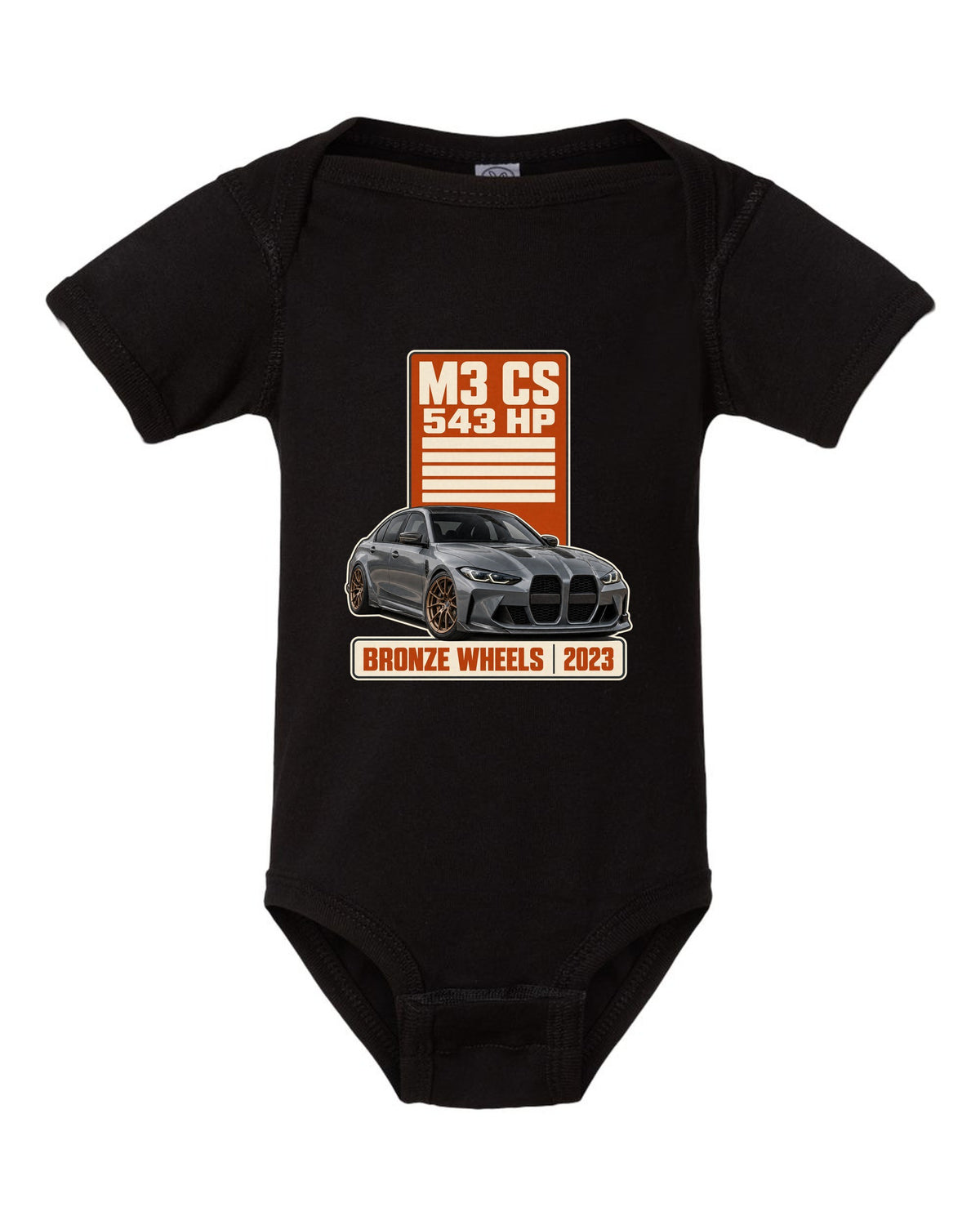 BMW M3 CS G80 spec poster print with 543 hp and bronze wheels text black baby onesie front view with the design