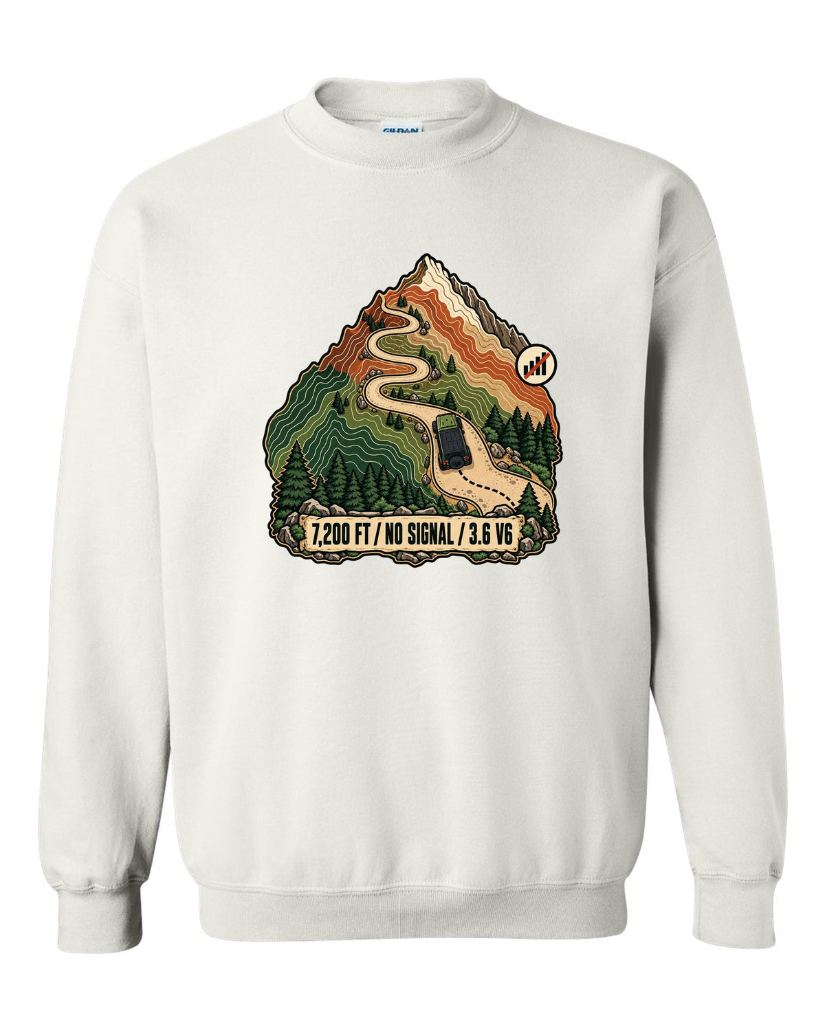 Topographic route map illustration of mountain switchbacks for a Jeep Wrangler JK with 7,200 FT NO SIGNAL 3.6 V6 lettering white crewneck front view with the design