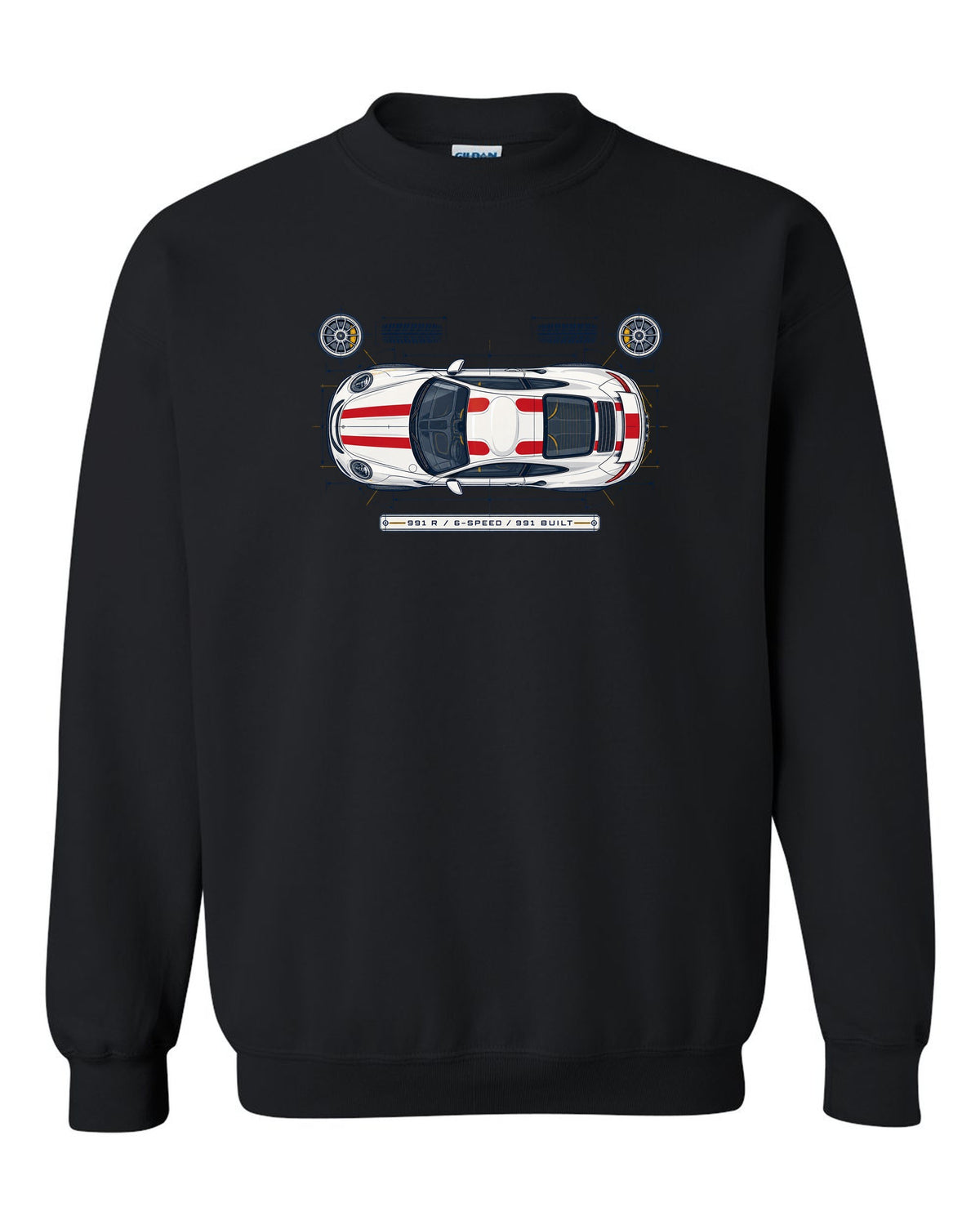 Porsche 993 Carrera five-dial gauge cluster HUD design with no screens text black crewneck front view with the design