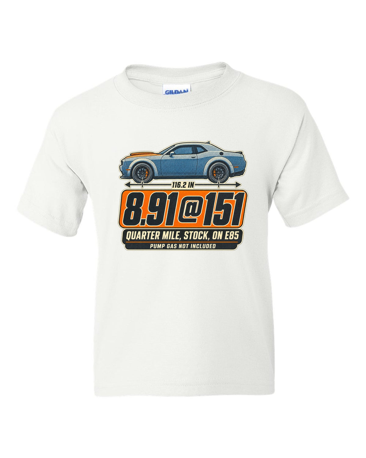 Dodge Challenger SRT Demon 170 halftone print with quarter mile time on E85 white kids tee front view with the design