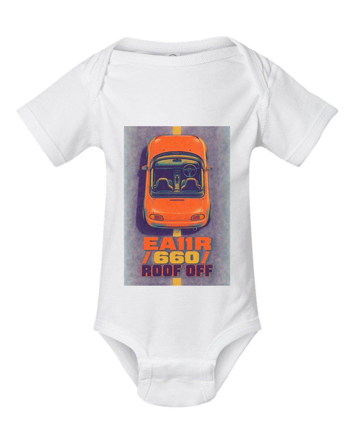 Risograph-style Suzuki Cappuccino EA11R with the text 660 and roof off white baby onesie front view with the design