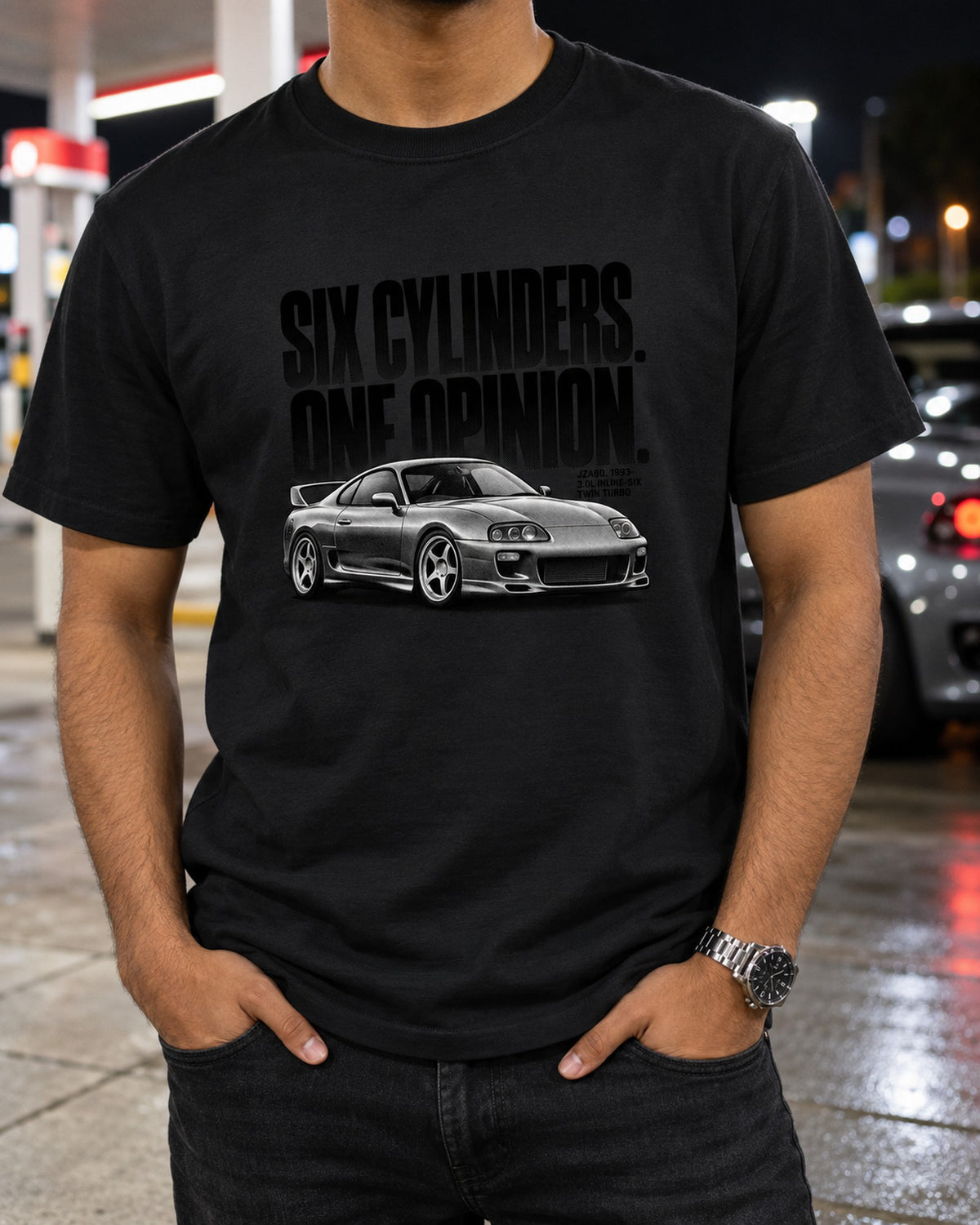 Six Cylinders, One Opinion Halftone Tee, Toyota Supra A80 T-Shirt Black worn hero