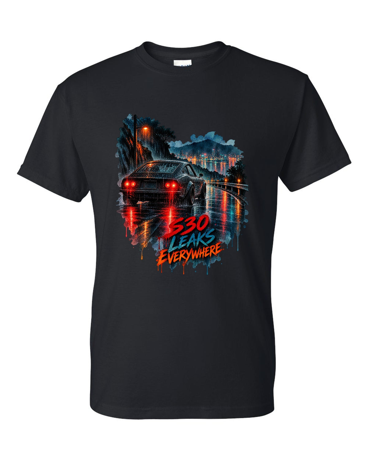 Watercolour wet-road night print of a Nissan Fairlady Z S30 with leaks everywhere lettering black t-shirt front view with the design