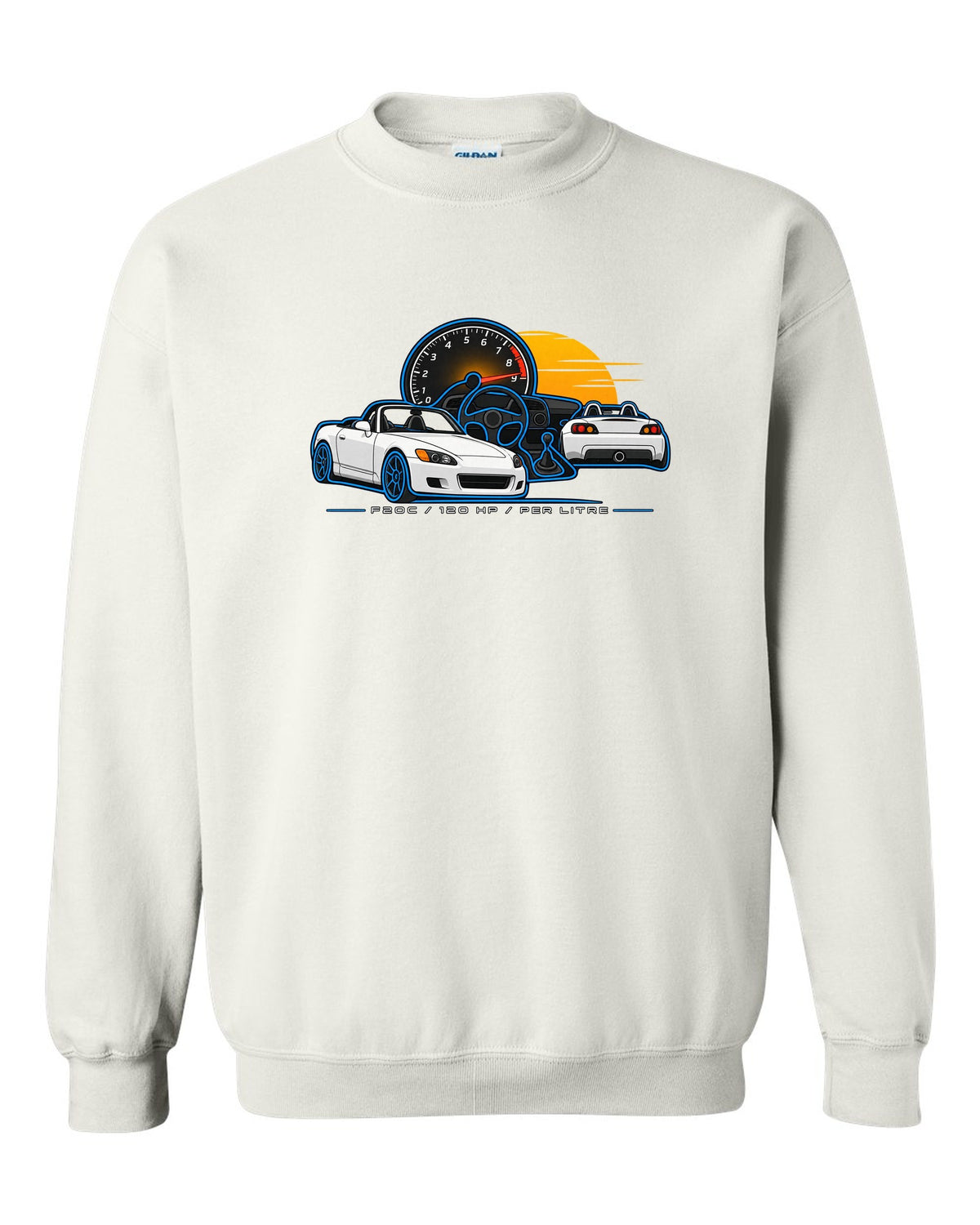 Minimal single-line contour print of a 1999 Honda S2000 AP1 with F20C 120 HP Per Litre lettering white crewneck front view with the design