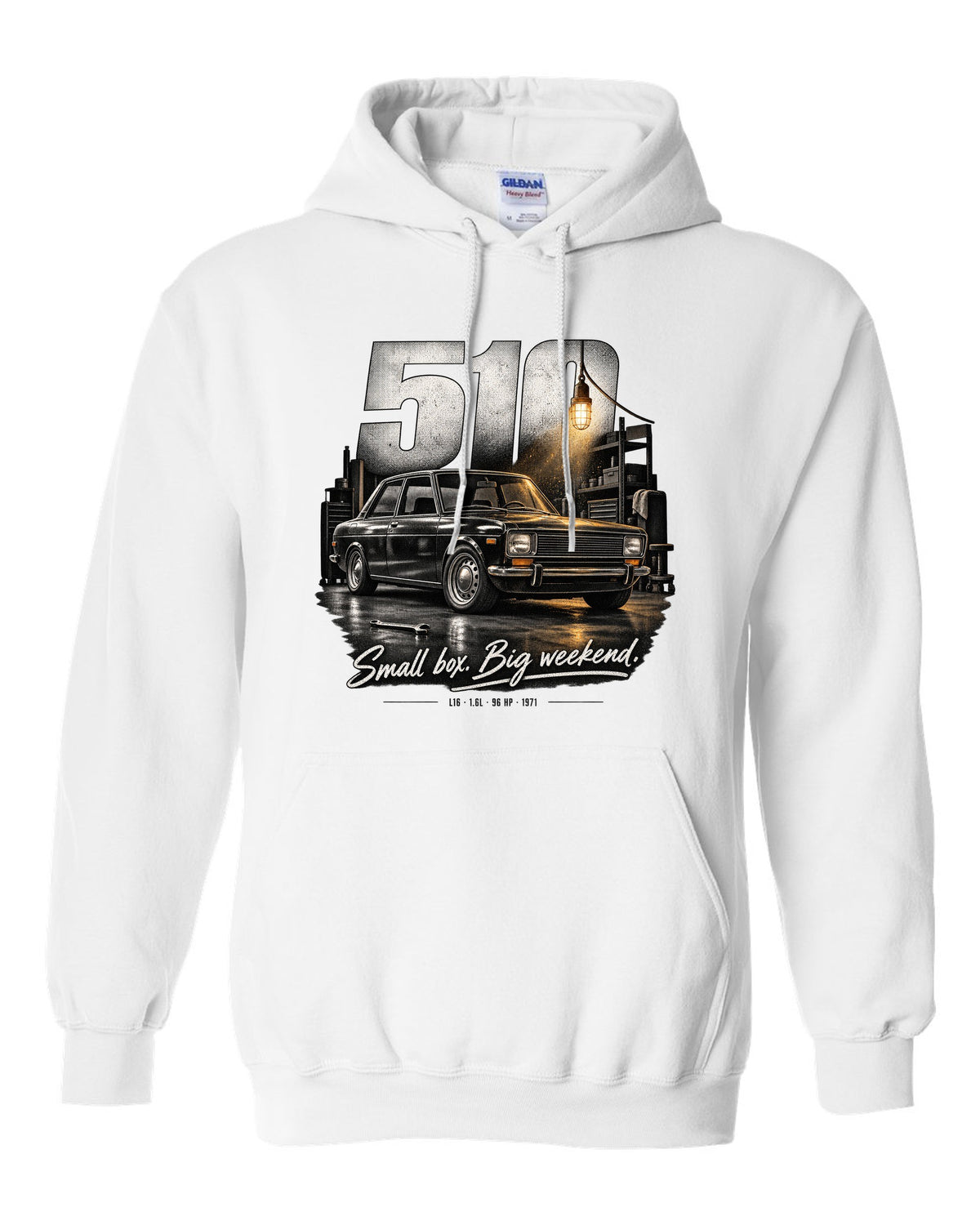 Garage night print of a Datsun 510 sedan with L16 1.6L 96 HP text white pull over hoodie front view with the design