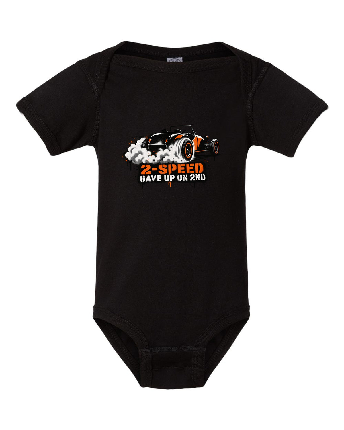 Spray stencil street art print of a Tesla Roadster Gen 1 reading 2-Speed Gave Up on 2nd black baby onesie front view with the design
