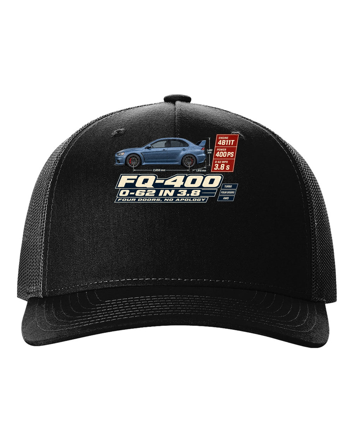 Evo X FQ-400 Spec Poster Tee, 0-62 in 3.8, Four Doors black hat front view with the design