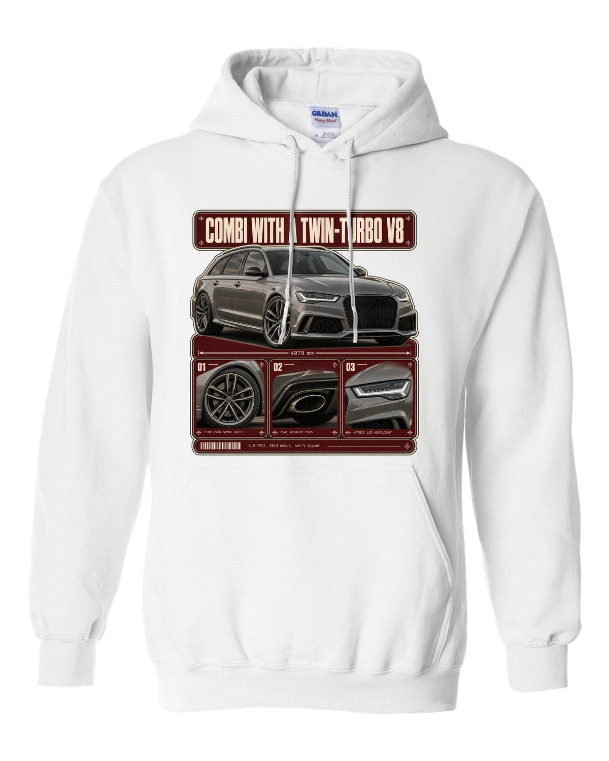 Audi RS6 Avant C7 warm grey dossier panels print white pull over hoodie front view with the design
