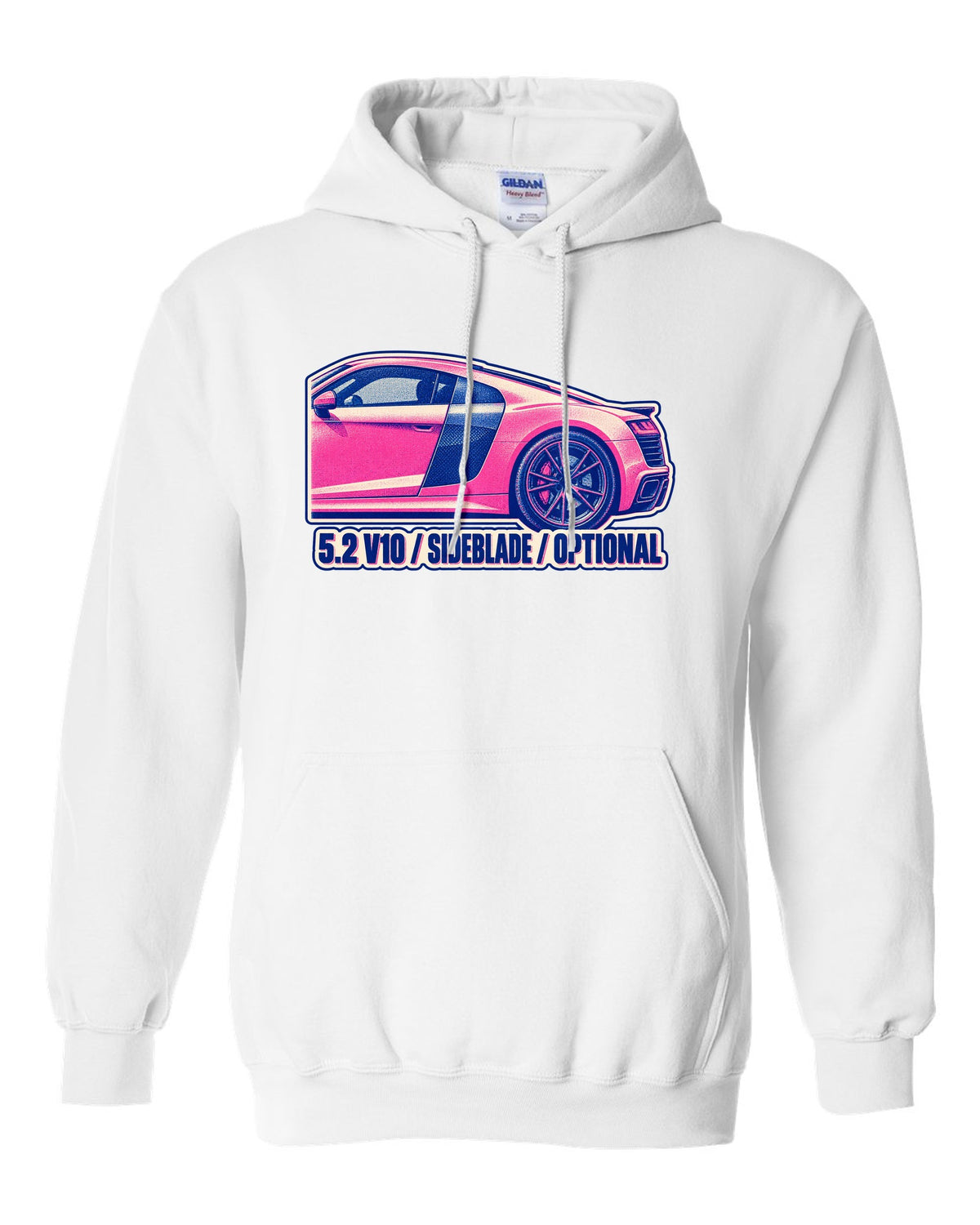 Risograph two-ink print of an Audi R8 4S with 5.2 V10 and Sideblade text white pull over hoodie front view with the design