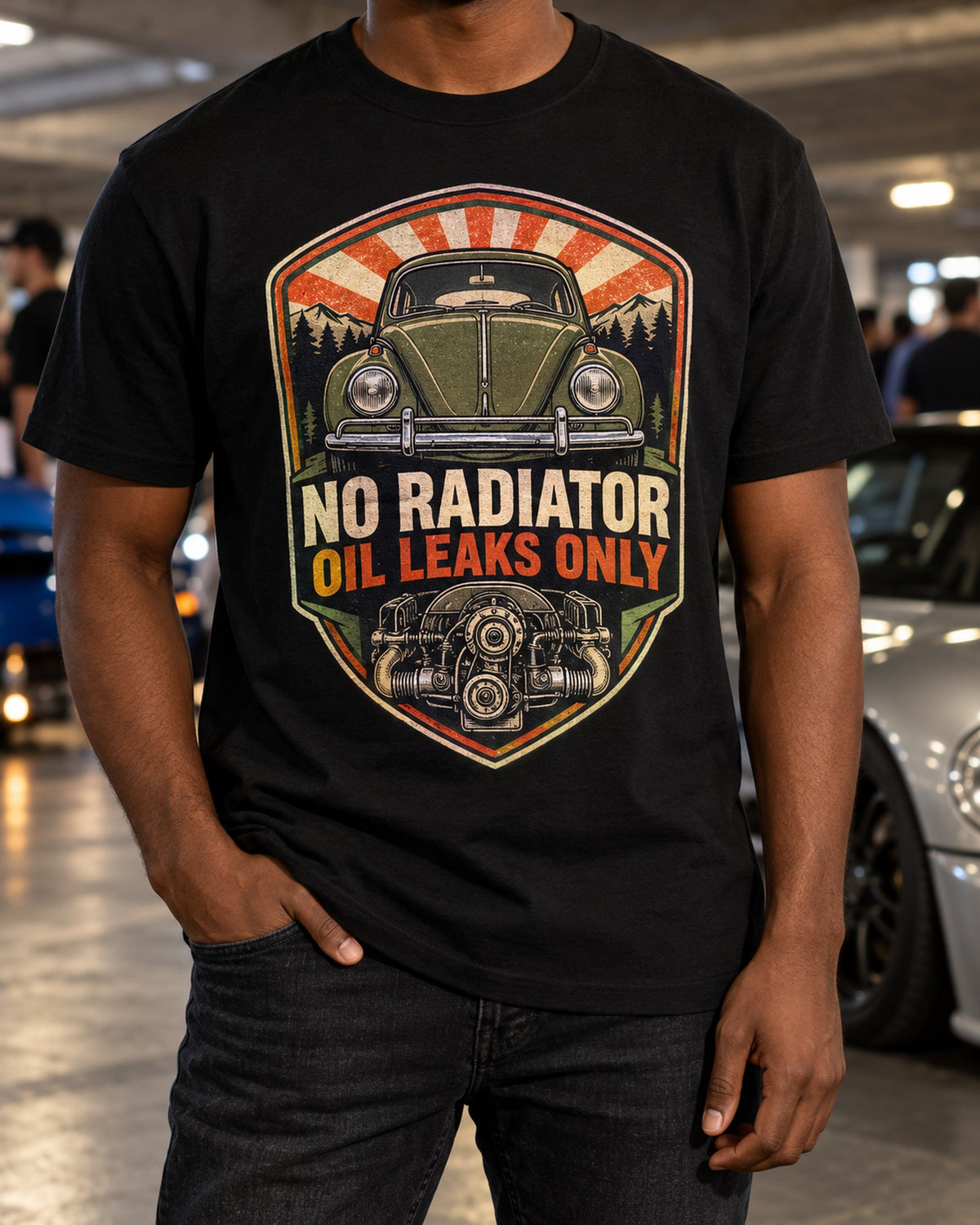 VW Beetle Type 1 1303 Oil Leaks Only Crest Shirt T-Shirt Black worn hero
