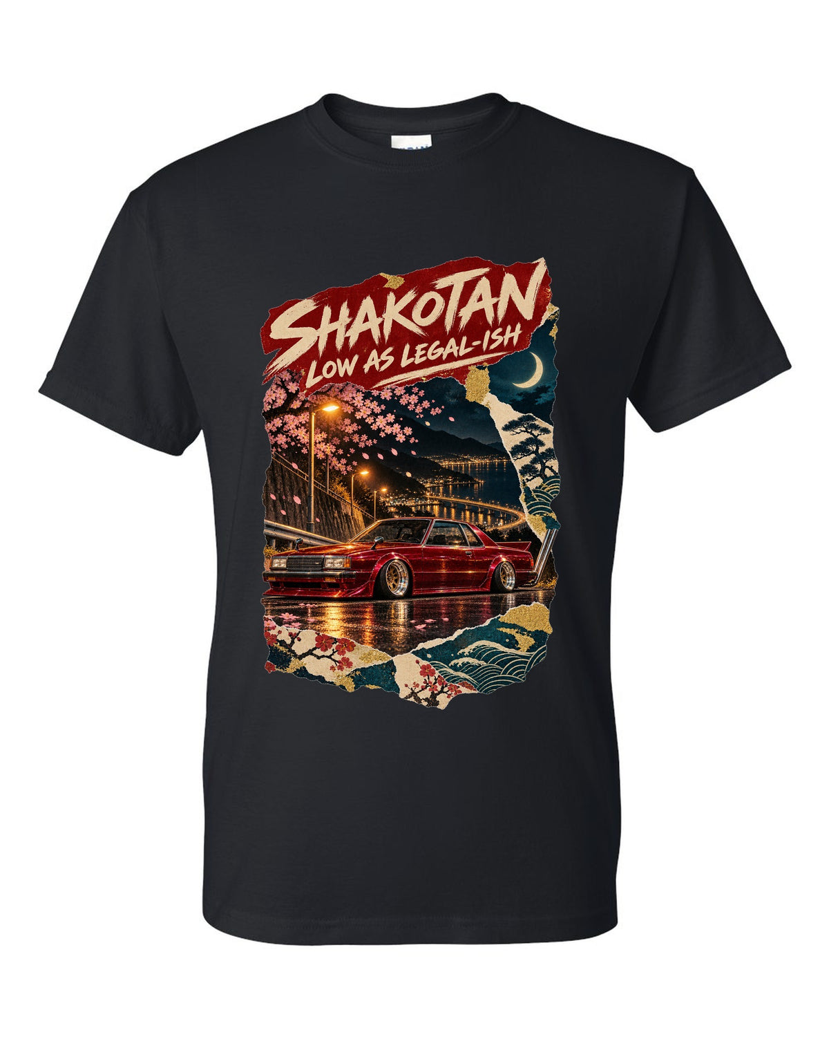 Japanese poster collage of a lowered kaido racer coupe with SHAKOTAN lettering black t-shirt front view with the design