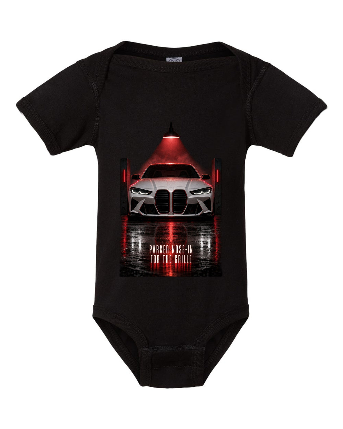 BMW G80 M3 garage night print with parked nose-in for the grille text black baby onesie front view with the design