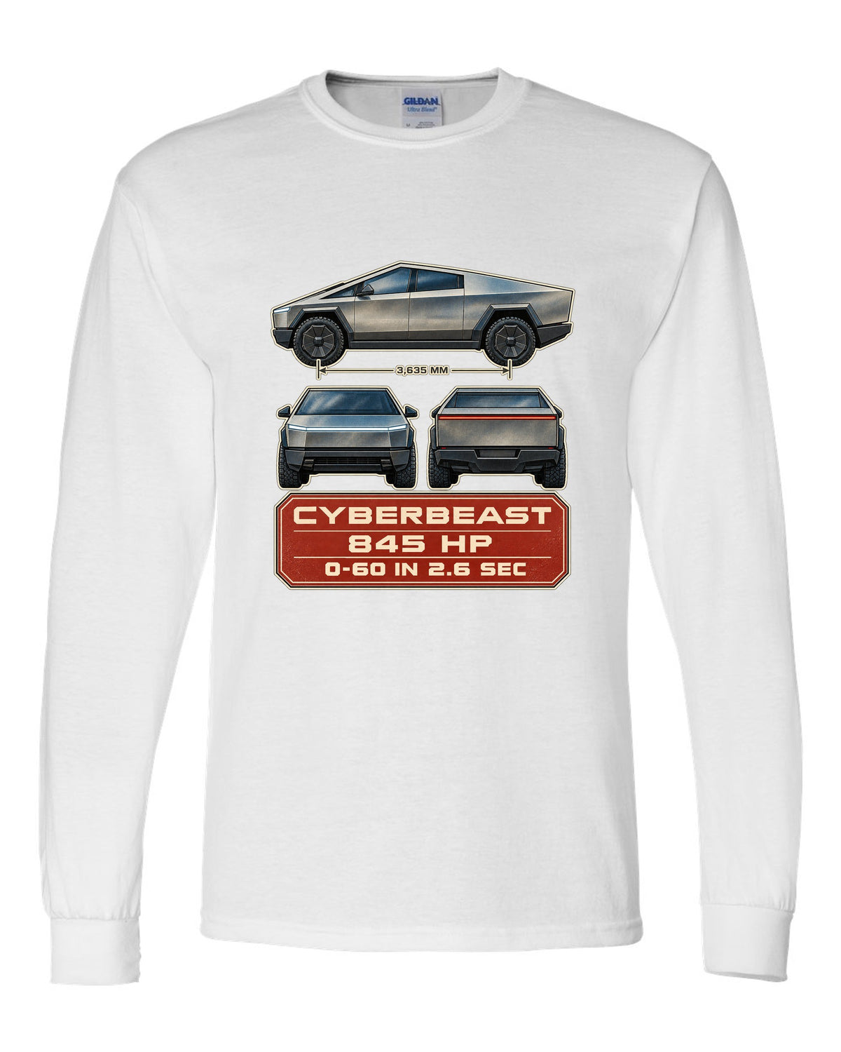 Three-view and spec table print of a Tesla Cybertruck Cyberbeast white long sleeve front view with the design