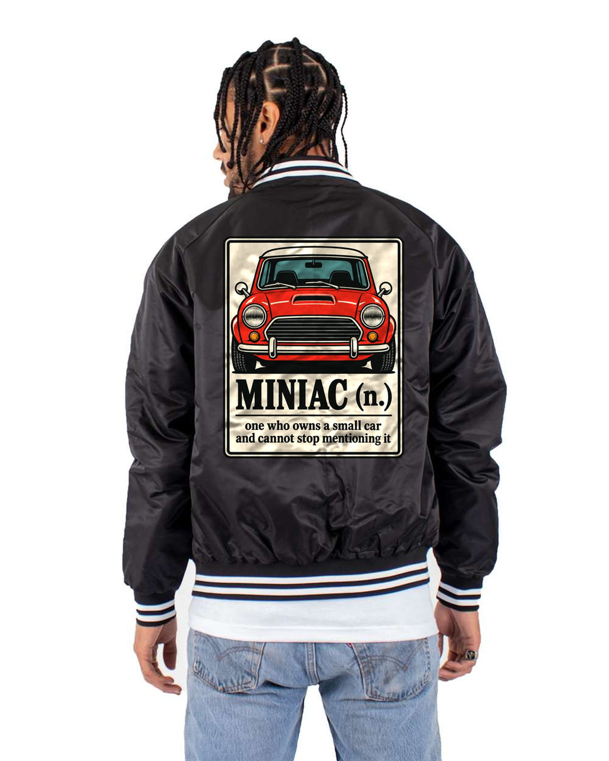 Miniac Definition Card Shirt, Mini Cooper S R53 Typographic Tee Bomber Jacket Black back