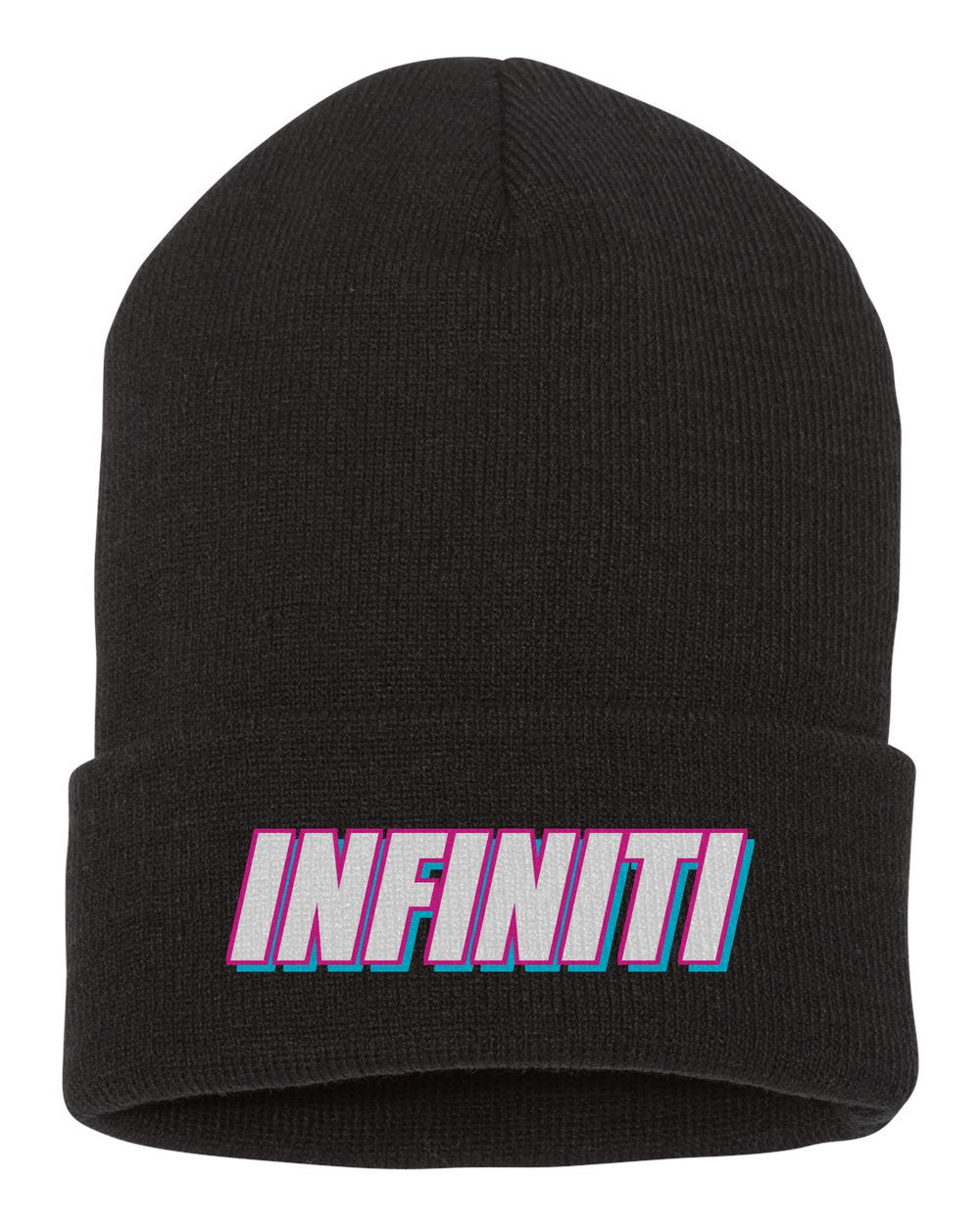Infiniti black beanie front view with car name