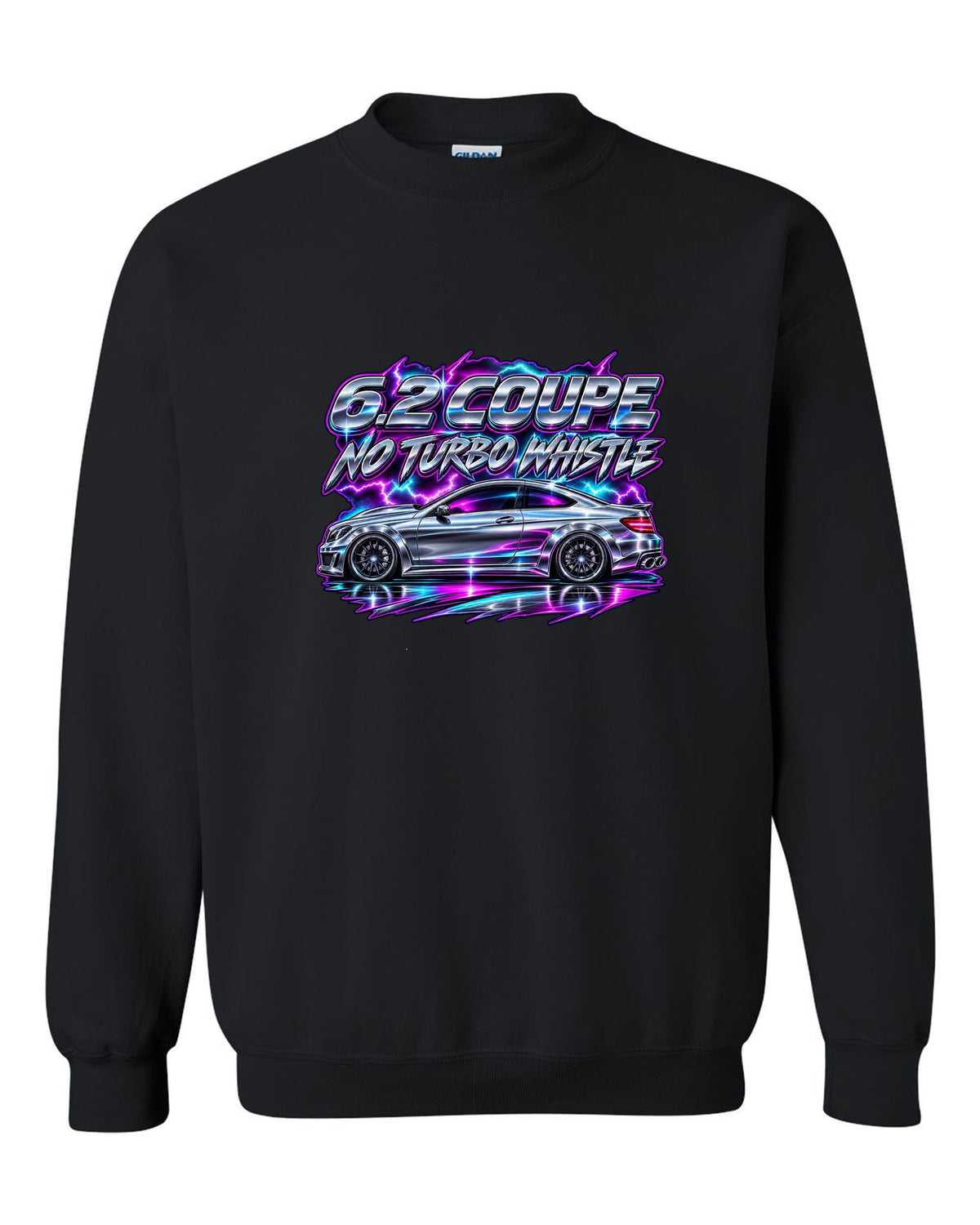 80s chrome airbrush print of a Mercedes C63 Coupe C204 black crewneck front view with the design