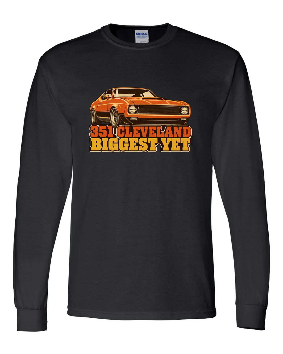 Vintage 70s race poster print of a 1971 Ford Mustang fastback with 351 Cleveland text black long sleeve front view with the design
