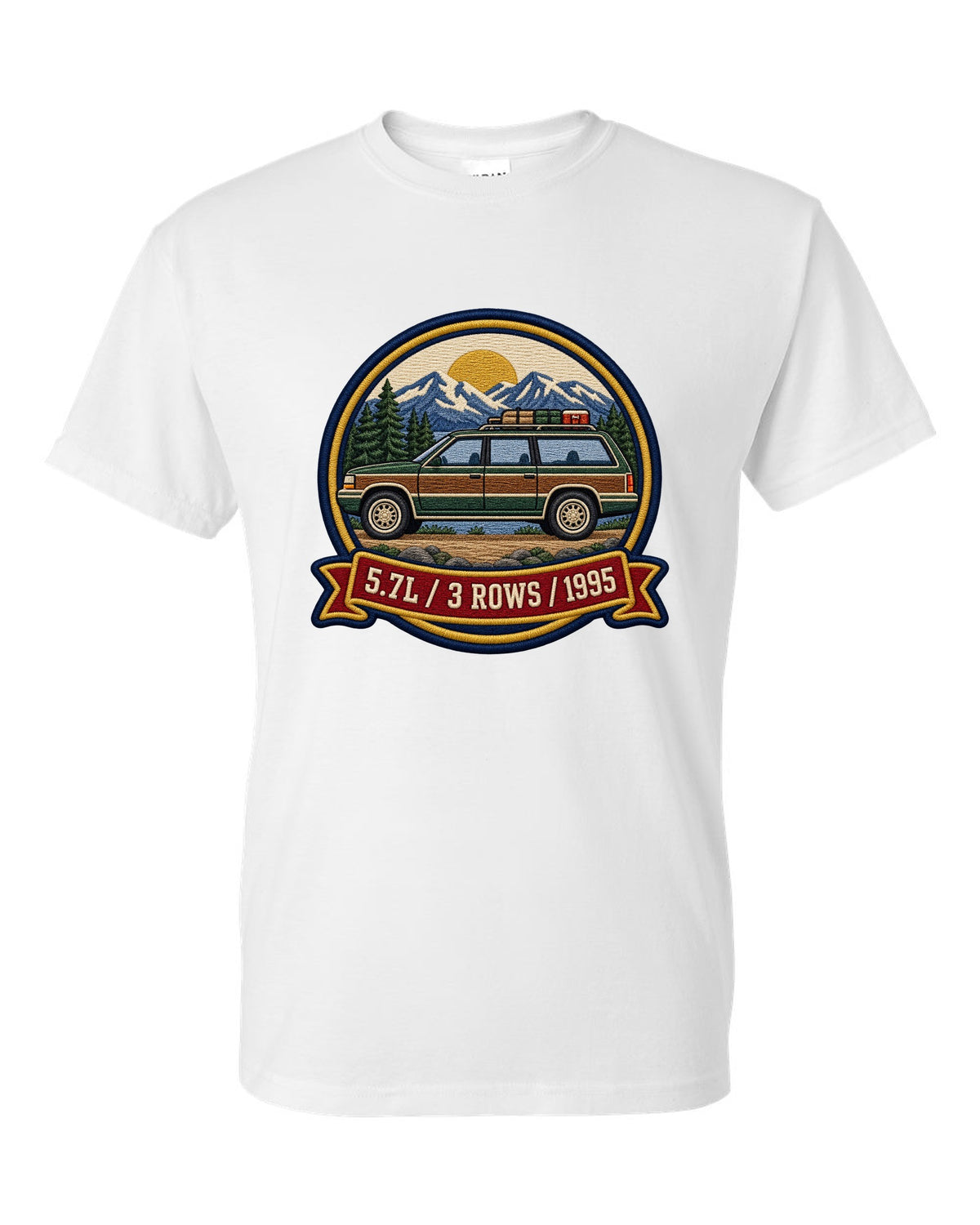 Varsity round crest print for a 1992-1999 Chevrolet Suburban GMT400 with 5.7L, 3 Rows, 1995 text white t-shirt front view with the design