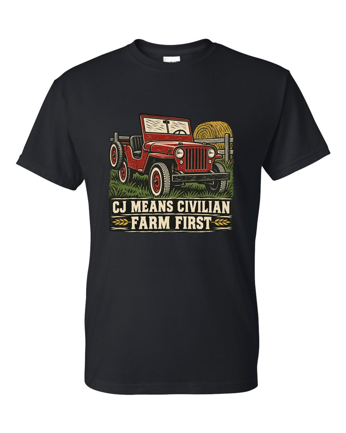 Linocut-style print of a Jeep CJ-2A with civilian farm text black t-shirt front view with the design