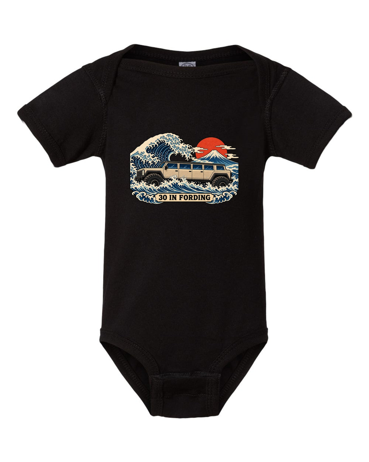 Ukiyo-e woodblock wave print with a 1992-2006 Hummer H1 and 30 IN FORDING text black baby onesie front view with the design