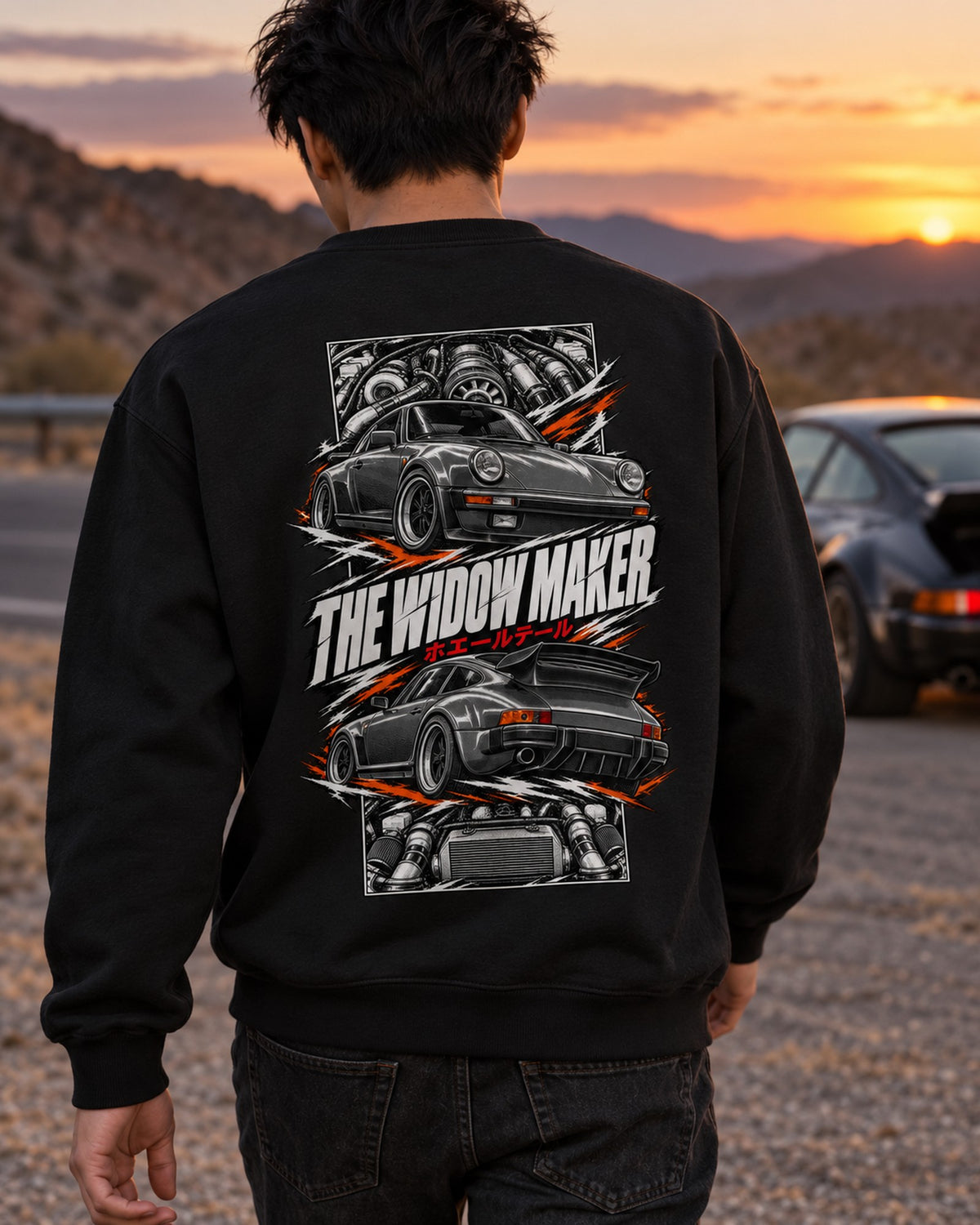 Porsche 930 Turbo Torn Poster Full-Back Graphic Tee Crewneck Black worn hero