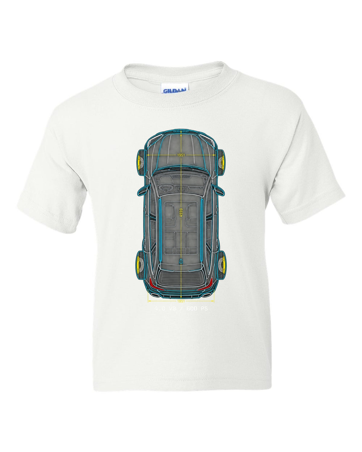 Top-down technical blueprint design of the Audi RS6 Avant C8 with 4.0 V8 and 600 PS lettering white kids tee front view with the design