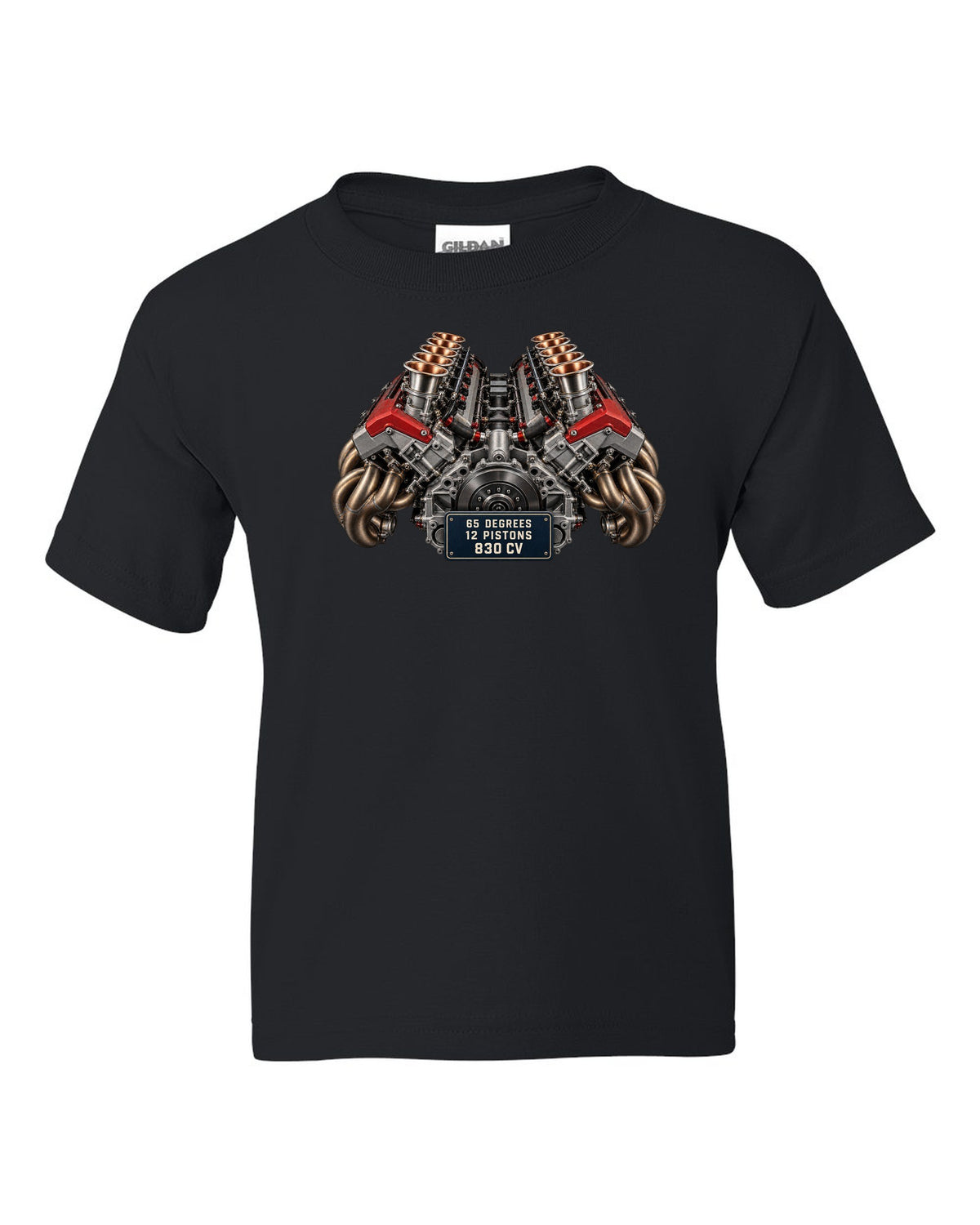 Engine bay print of the Ferrari 12Cilindri F140HD V12 black kids tee front view with the design