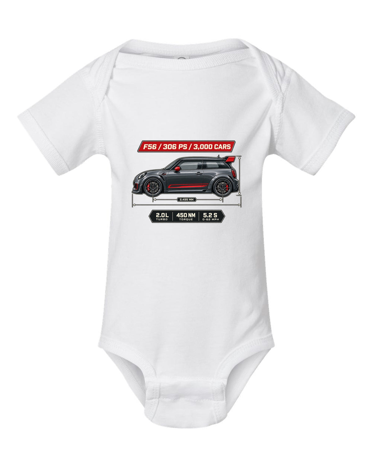 Dimension blueprint print of the Mini JCW GP F56 2020 with 306 PS and 3,000 cars text white baby onesie front view with the design