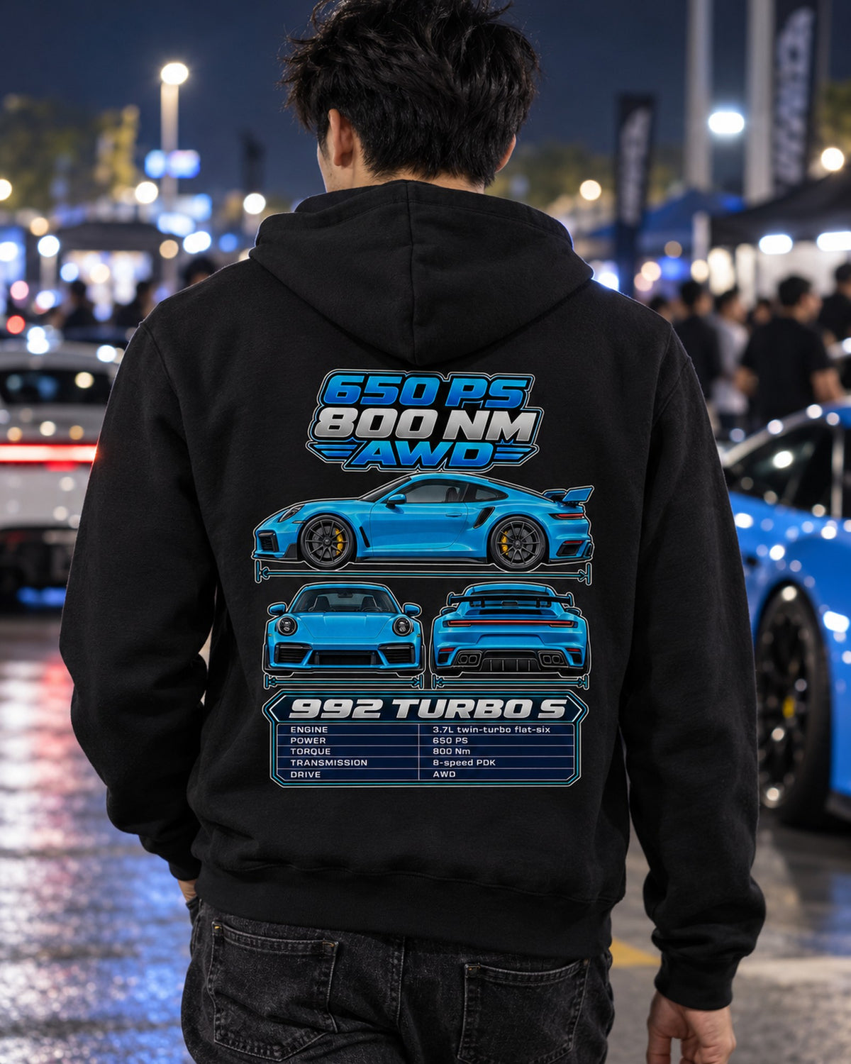 Porsche 911 Turbo S 992 Spec Sheet Full-Back Graphic Tee Zip Hoodie Black worn hero