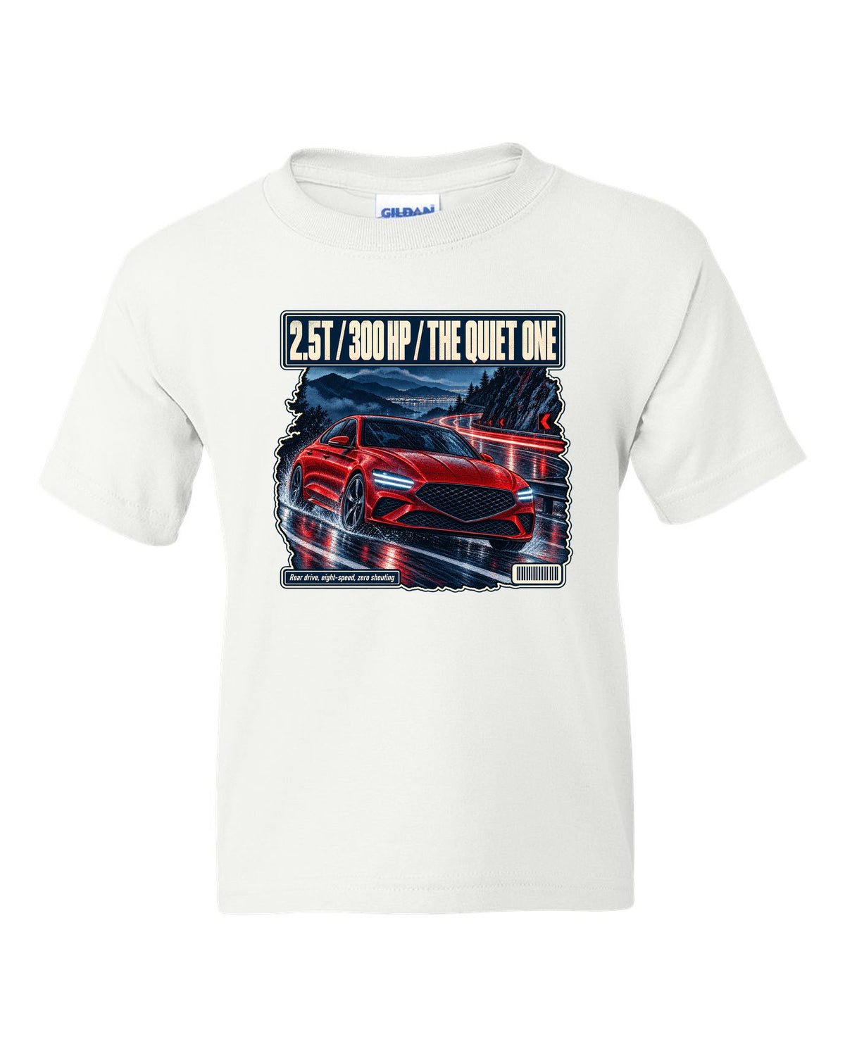 Night touge print of the Genesis G70 with 2.5T 300 HP lettering white kids tee front view with the design